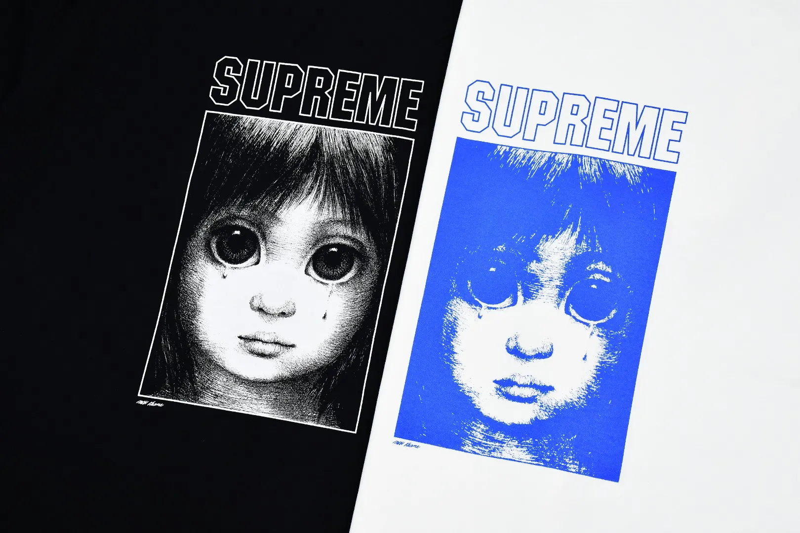 🅿️126 S161 top version Supreme 24ss Margaret Keane Teardrop Tee comic girl short sleeves. Refuse to look at pictures to make products. Refuse to compare with wrong versions. Use cylindrical seamless technology (original technology. There are no stitched bones on the side of the clothes. Key points of identification) The fabrics are all custom-woven and dyed, 280g weight, 100% cotton, cylindrical fabric. Cylindrical fabric is a knitted fabric woven with a cylinder loom. The needles are distributed in a cylindrical shape on the fuselage. The gray fabric is a large cylinder, which needs to be opened and shaped before it can be used further. There are no slits on the side of the clothes, so there is no washing label on the side of ordinary short-sleeves. There is only one collar label behind the neck. The printing uses thermosetting ink printing imported from Belgium (different from conventional thermal transfer printing), also known as plastic ink, or self-adhesive ink. Its ingredients are: mainly composed of polyvinyl chloride (PVC) and phthalates. PVC and phthalates, solid color The thermoset ink is composed of a mixture of agents, stabilizers, and thickeners. It is not the digital direct printing advertised on the market. The printing texture of thermoset ink cannot be achieved by digital direct printing. The collar label has a watermark anti-counterfeiting effect, a real anti-counterfeiting layer, a version with a high probability of passing the inspection, and a high probability of passing the original packaging picture. Size：S-XL