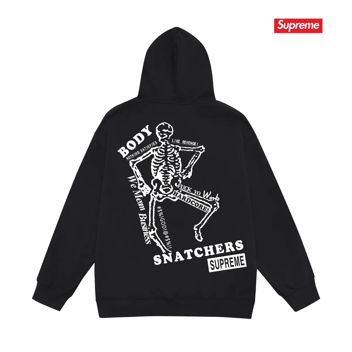 Style No. S2046 #terry P160💰 Velvet P170💰 Supreme SS23 Week9 BODY SNATCHERS TEE Classic boxlogo back skull print hooded sweatshirt Made of 400g large terry 430g silver fox velvet (drop shoulder large version) fabric, soft texture and no pilling, imported environmentally friendly printing glue, bright and three-dimensional pattern, quality 💥 Unisex style, the upper body is trendy Color: Black White Gray Size: S M L XL XXL