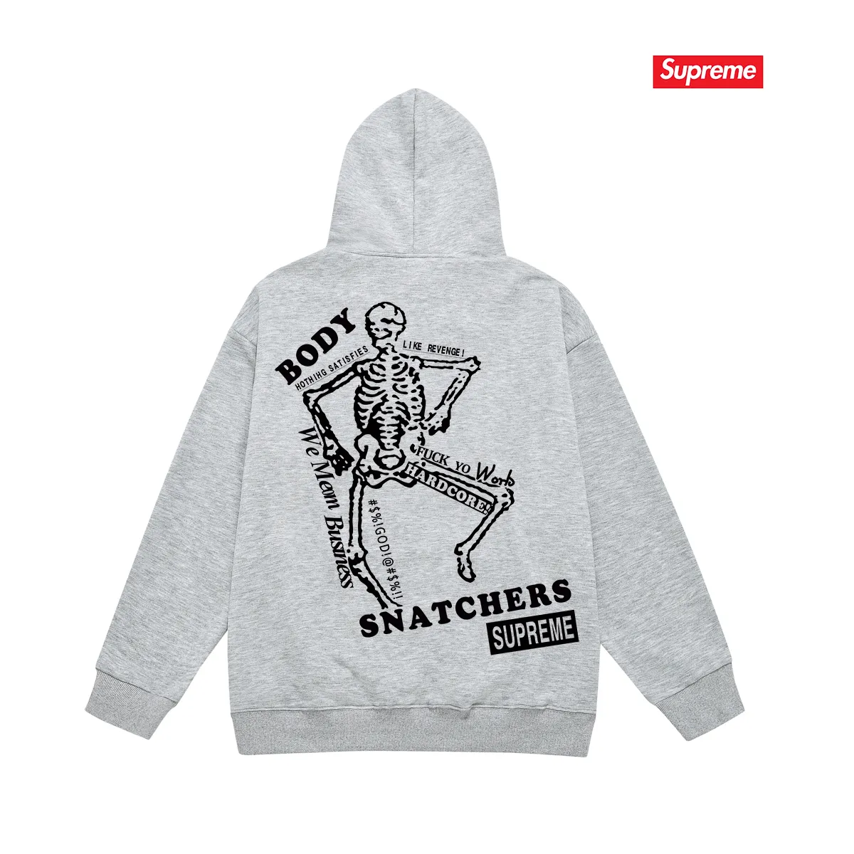 Style No. S2046 #terry P160💰 Velvet P170💰 Supreme SS23 Week9 BODY SNATCHERS TEE Classic boxlogo back skull print hooded sweatshirt Made of 400g large terry 430g silver fox velvet (drop shoulder large version) fabric, soft texture and no pilling, imported environmentally friendly printing glue, bright and three-dimensional pattern, quality 💥 Unisex style, the upper body is trendy Color: Black White Gray Size: S M L XL XXL