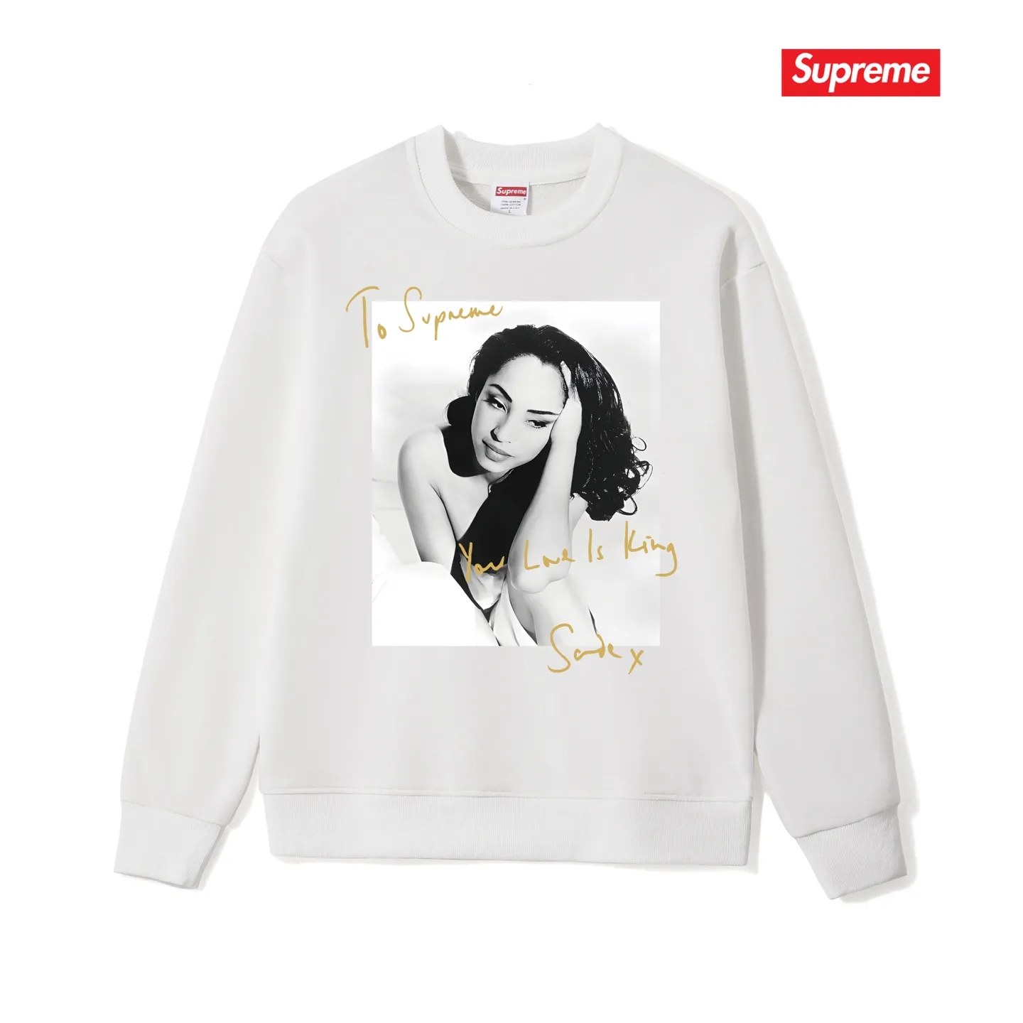 Style No. S1189 #terryp150💰 Velvet 160💰 Supreme 17SS Sade Tee Sade singer character photo signature round neck sweatshirt Made of 400 grams of large terry (drop shoulder large version) fabric, soft texture and no pilling Imported environmentally friendly printing glue The pattern is bright and three-dimensional Quality 💥 Same style for men and women The upper body is fashionable Color: black white gray Size: S M L XL XXL
