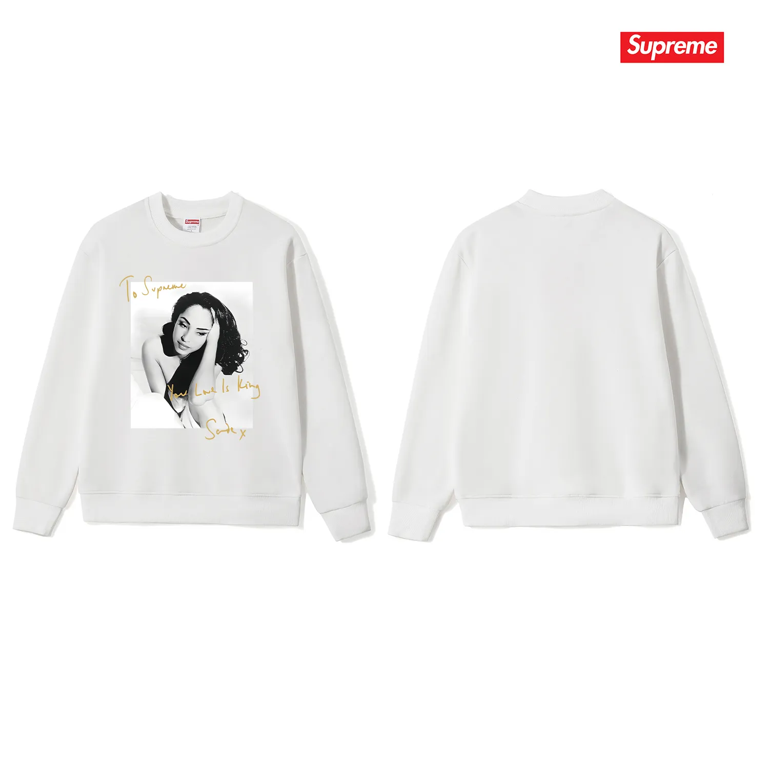 Style No. S1189 #terryp150💰 Velvet 160💰 Supreme 17SS Sade Tee Sade singer character photo signature round neck sweatshirt Made of 400 grams of large terry (drop shoulder large version) fabric, soft texture and no pilling Imported environmentally friendly printing glue The pattern is bright and three-dimensional Quality 💥 Same style for men and women The upper body is fashionable Color: black white gray Size: S M L XL XXL