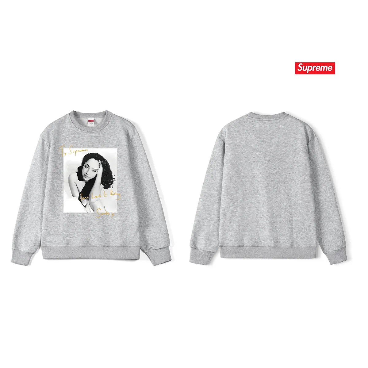 Style No. S1189 #terryp150💰 Velvet 160💰 Supreme 17SS Sade Tee Sade singer character photo signature round neck sweatshirt Made of 400 grams of large terry (drop shoulder large version) fabric, soft texture and no pilling Imported environmentally friendly printing glue The pattern is bright and three-dimensional Quality 💥 Same style for men and women The upper body is fashionable Color: black white gray Size: S M L XL XXL