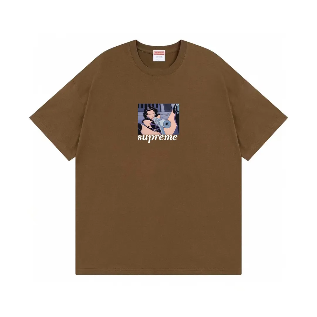 #S97 p110💰 Supreme SS22 Week6 xAeon Flux co-branded Gun Tee Magic Warrior cartoon letter print. Loose fit. Made of 260g combed cotton double yarn. All three standards are complete from fabrics to accessories. ZP. Imported Matsui company slurry printing will never crack. The whole piece is made with three-needle five-thread technology. The neckline-shoulder seam-sleeve seam is double-lined, which looks more three-dimensional and textured. The same process as the original version, classic fit. Feel free to compare zp. The whole piece adopts three-needle five-thread craftsmanship. The neckline-shoulder seam-sleeve seam is double-threaded, which looks more three-dimensional and textured.) It has the same craftsmanship as the authentic original, classic version. Color: White Black Brown Size: S M L XL XXL