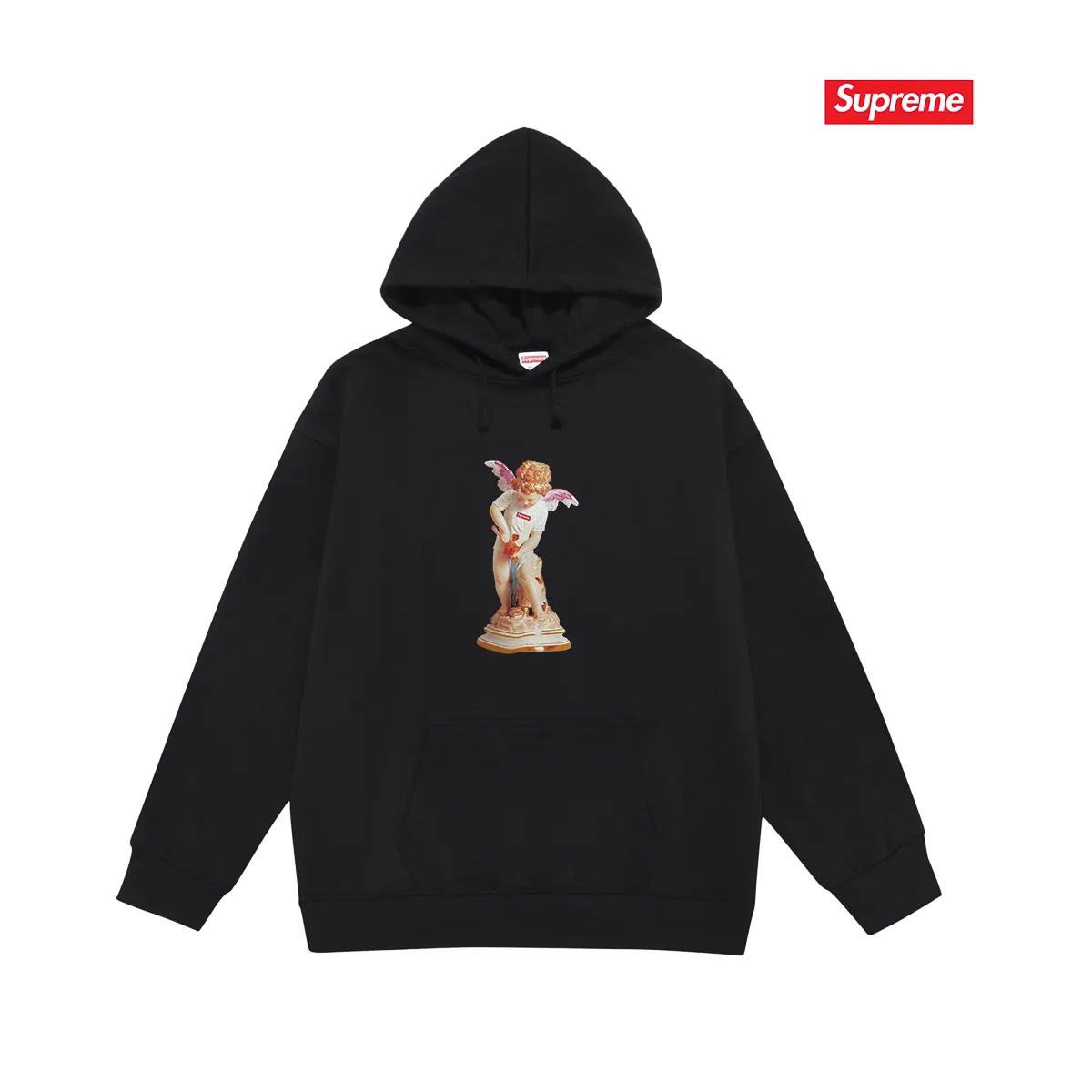Style No. S2011 #terry P160💰 Velvet P170💰 Supreme SS19 Cupid Tee Navy angel print hooded sweatshirt Made of 400g large terry 430g silver fox velvet (drop shoulder large version) fabric, soft texture and no pilling Imported environmentally friendly printing glue The pattern is bright and three-dimensional Quality 💥Same style for men and women The upper body is trendy Color: black white gray Size: S M L XL XXL