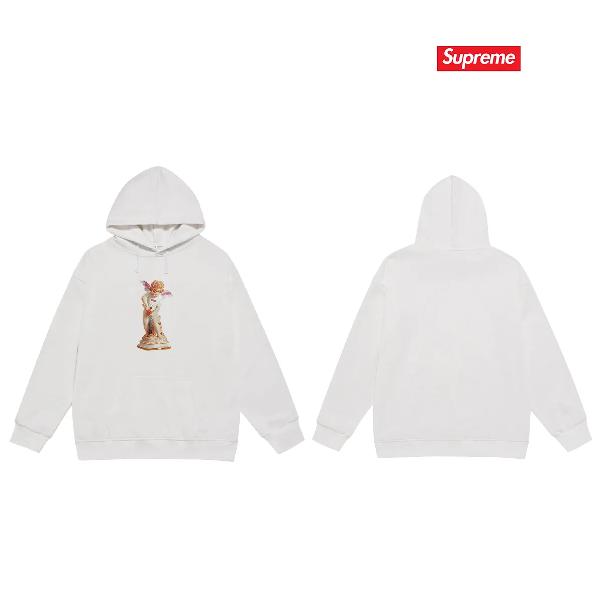 Style No. S2011 #terry P160💰 Velvet P170💰 Supreme SS19 Cupid Tee Navy angel print hooded sweatshirt Made of 400g large terry 430g silver fox velvet (drop shoulder large version) fabric, soft texture and no pilling Imported environmentally friendly printing glue The pattern is bright and three-dimensional Quality 💥Same style for men and women The upper body is trendy Color: black white gray Size: S M L XL XXL