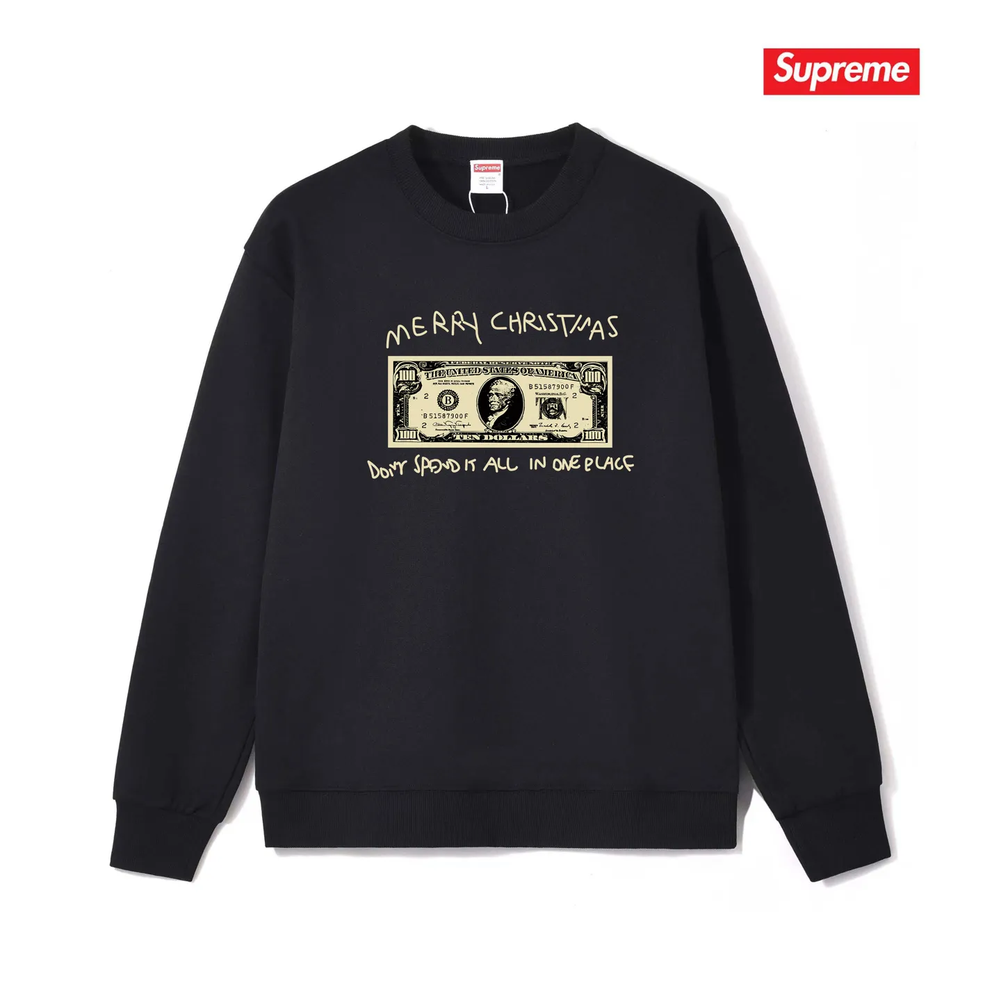 Style No. S1124 #terry p150💰 Velvet 160💰 Supreme 21FW SPEND IT TEE dollar Christmas printed round neck sweatshirt Made of 400 grams of large terry (drop shoulder large version) fabric, soft texture and no pilling Imported environmentally friendly printing glue The pattern is bright and three-dimensional Quality 💥Male and female style The upper body is trendy Color: black white gray Size: S M L XL XXL
