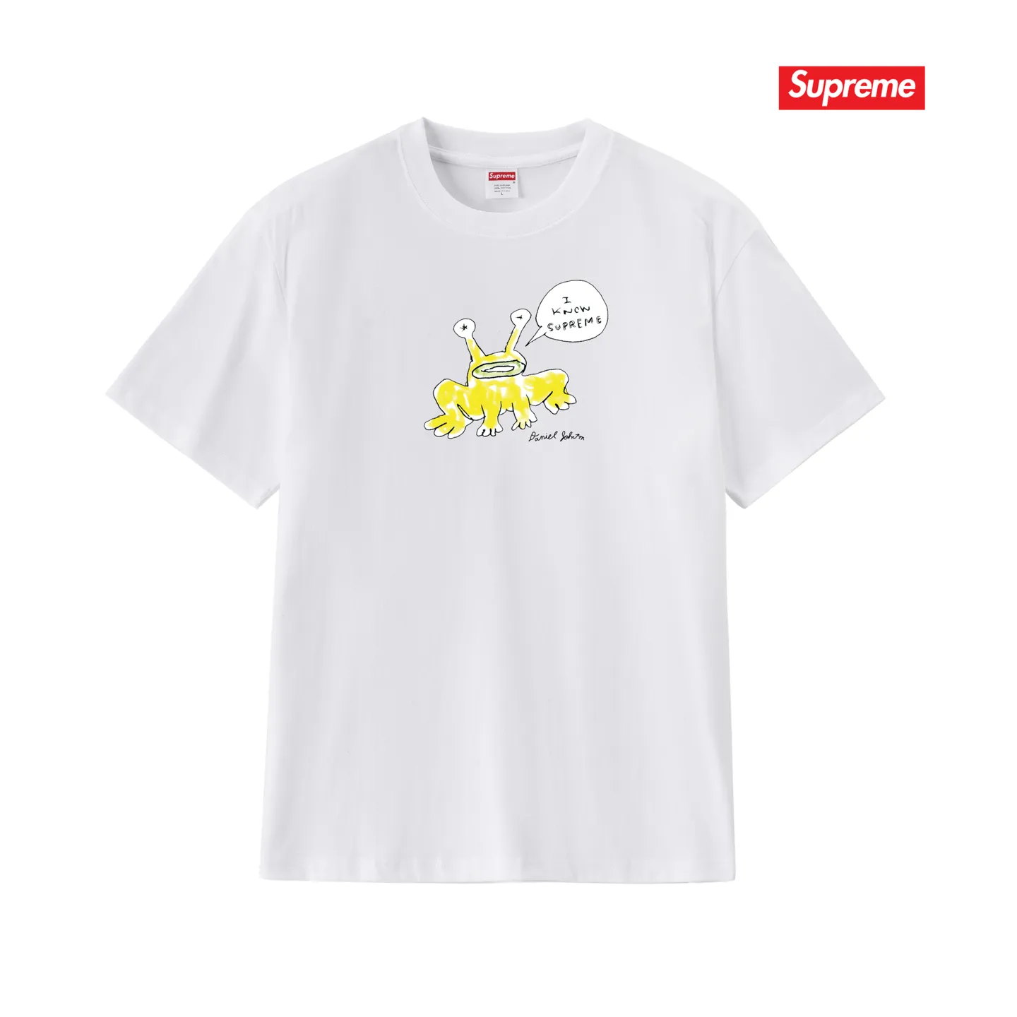 S194 P110💰 Sup Daniel Johnston Frog Tee co-branded Alien Frog round neck cartoon short-sleeved T-shirt. Loose fit. Made of 260g combed cotton double yarn. All three standards are complete from fabrics to accessories. ZP. Imported Matsui company slurry printing will never crack. The whole piece adopts three-needle five-thread process. The neckline-shoulder seam-sleeve seam is double-lined, which looks more three-dimensional and textured.) The same process as the original version, classic version Feel free to compare zp. The whole piece adopts three-needle five-thread craftsmanship (neckline-shoulder seam-sleeve seam double thread, which looks more three-dimensional and textured). It has the same craftsmanship as the original original, classic version. Color: black, white, light gray, pink, navy. Size: S M L XL XXL