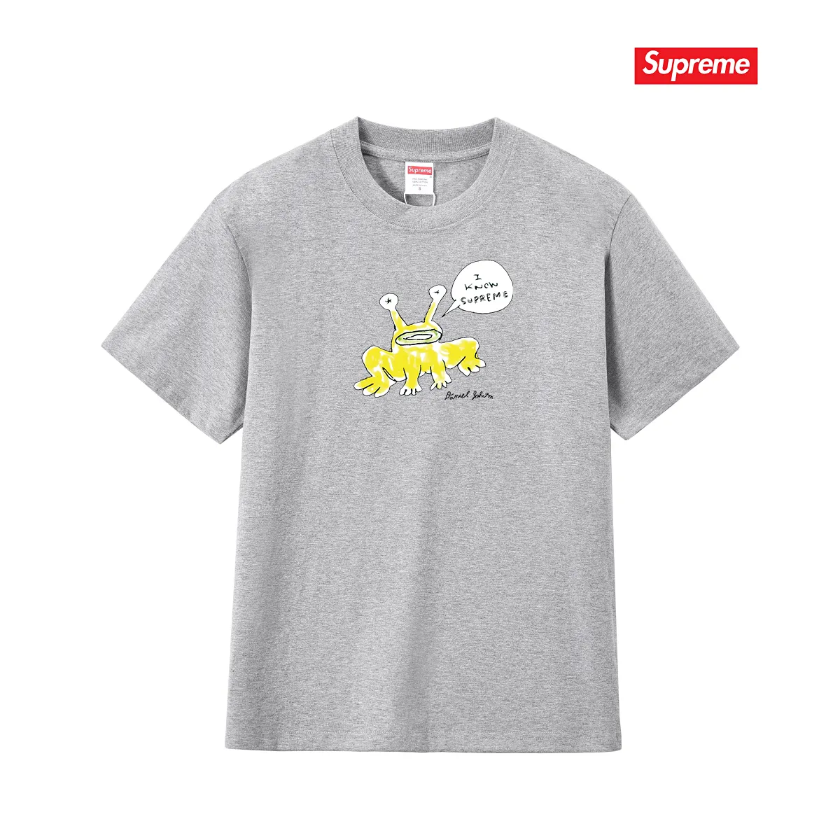 S194 P110💰 Sup Daniel Johnston Frog Tee co-branded Alien Frog round neck cartoon short-sleeved T-shirt. Loose fit. Made of 260g combed cotton double yarn. All three standards are complete from fabrics to accessories. ZP. Imported Matsui company slurry printing will never crack. The whole piece adopts three-needle five-thread process. The neckline-shoulder seam-sleeve seam is double-lined, which looks more three-dimensional and textured.) The same process as the original version, classic version Feel free to compare zp. The whole piece adopts three-needle five-thread craftsmanship (neckline-shoulder seam-sleeve seam double thread, which looks more three-dimensional and textured). It has the same craftsmanship as the original original, classic version. Color: black, white, light gray, pink, navy. Size: S M L XL XXL