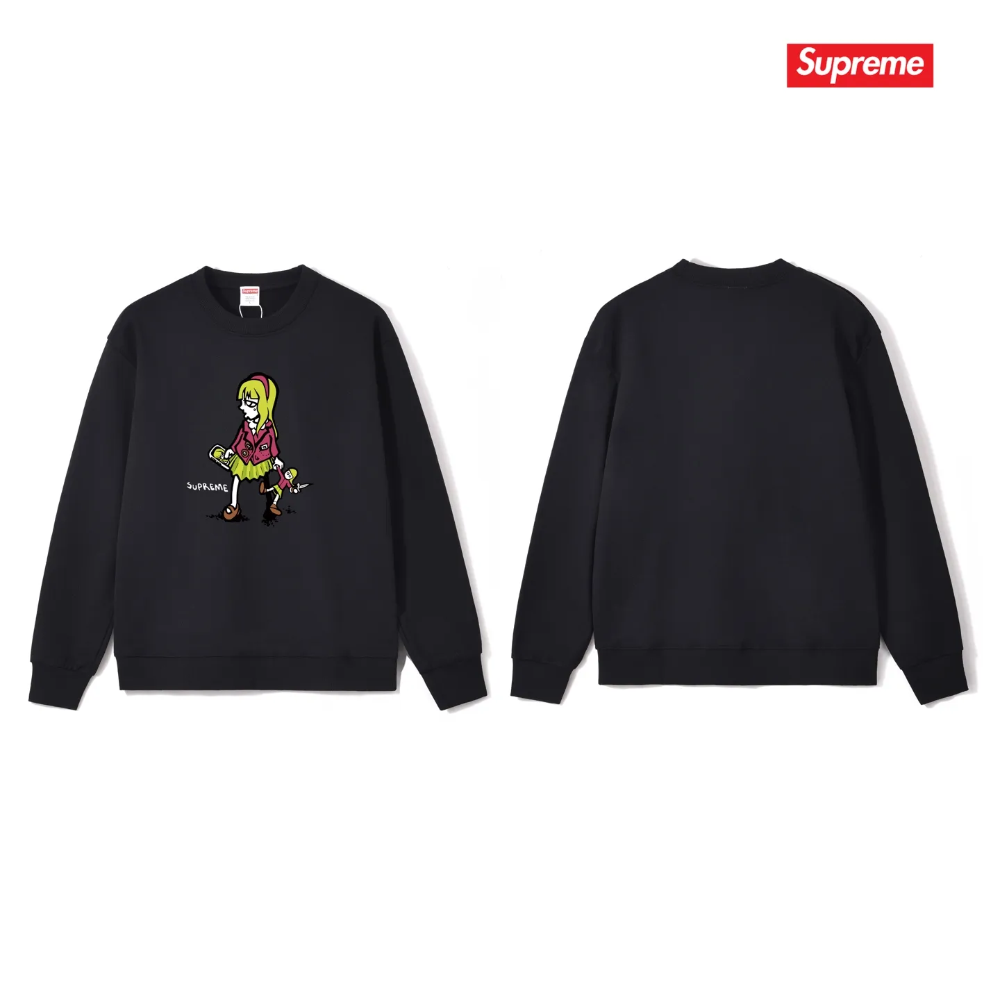 Style No. S1134 #terry p150💰 plus velvet 160💰 supreme 19SS Suzie Switchblade Tee Suzie little girl printed round neck sweatshirt Made of 400 grams of large terry (drop shoulder large version) fabric, soft texture and no pilling Imported environmentally friendly printing glue The pattern is bright and three-dimensional Quality 💥 Same style for men and women The upper body is trendy Color: black white gray Size: S M L XL XXL