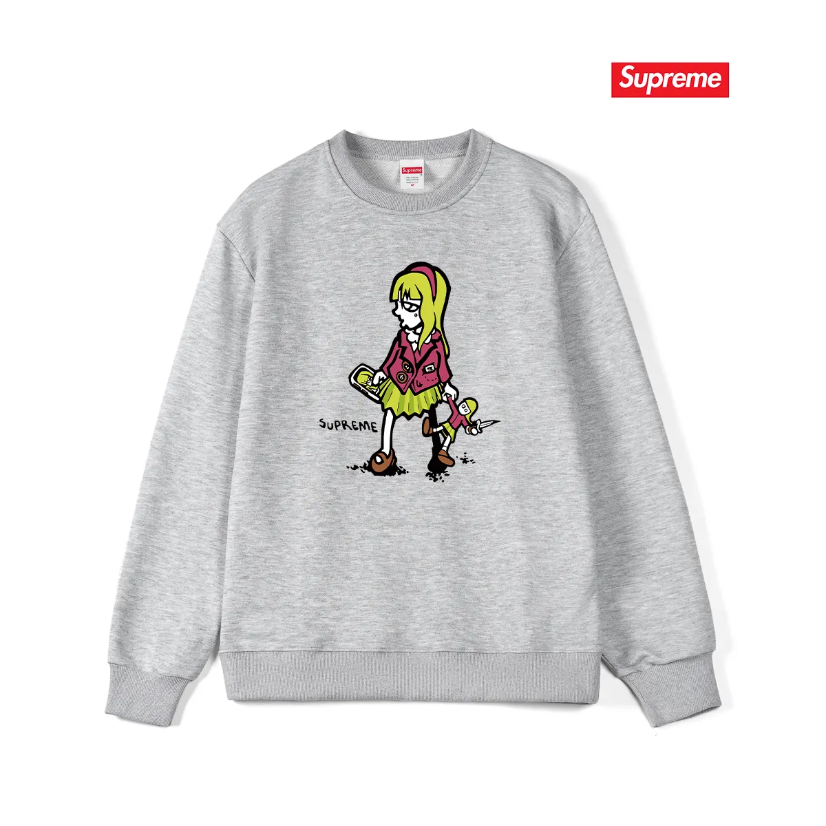 Style No. S1134 #terry p150💰 plus velvet 160💰 supreme 19SS Suzie Switchblade Tee Suzie little girl printed round neck sweatshirt Made of 400 grams of large terry (drop shoulder large version) fabric, soft texture and no pilling Imported environmentally friendly printing glue The pattern is bright and three-dimensional Quality 💥 Same style for men and women The upper body is trendy Color: black white gray Size: S M L XL XXL