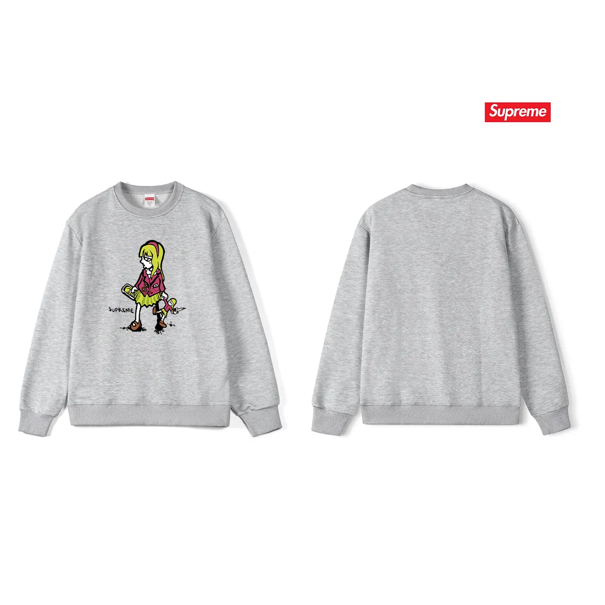 Style No. S1134 #terry p150💰 plus velvet 160💰 supreme 19SS Suzie Switchblade Tee Suzie little girl printed round neck sweatshirt Made of 400 grams of large terry (drop shoulder large version) fabric, soft texture and no pilling Imported environmentally friendly printing glue The pattern is bright and three-dimensional Quality 💥 Same style for men and women The upper body is trendy Color: black white gray Size: S M L XL XXL
