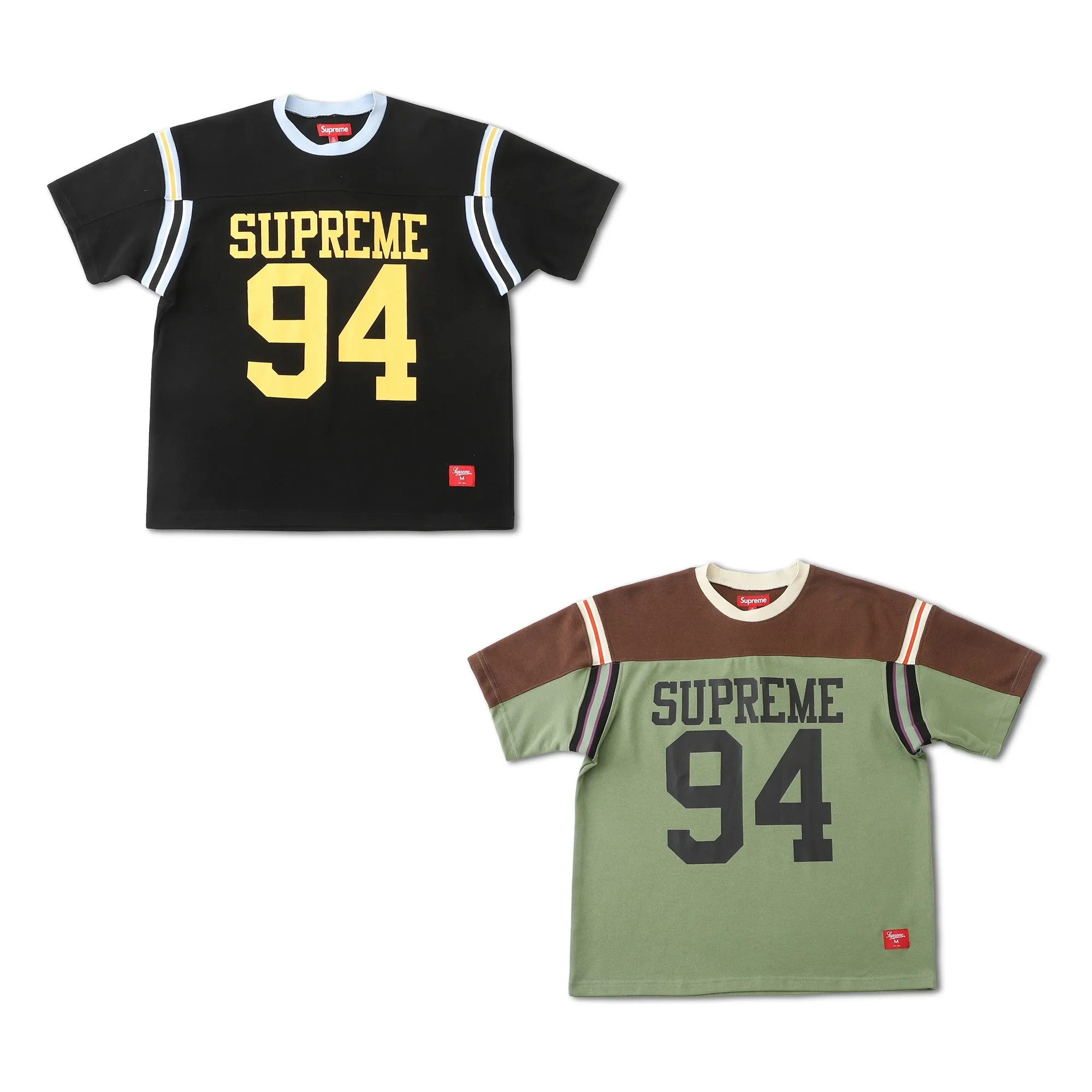 S626💰p220 Supreme SS25 WEEK8 Split S/S Football Top patchwork pattern ribbed round neck short-sleeved American trendy football jersey for men and women. Original purchase and development! The color matching thread is customized at 1:1, and the accessories and details are all in place!  Color: Black Green Size: S M L