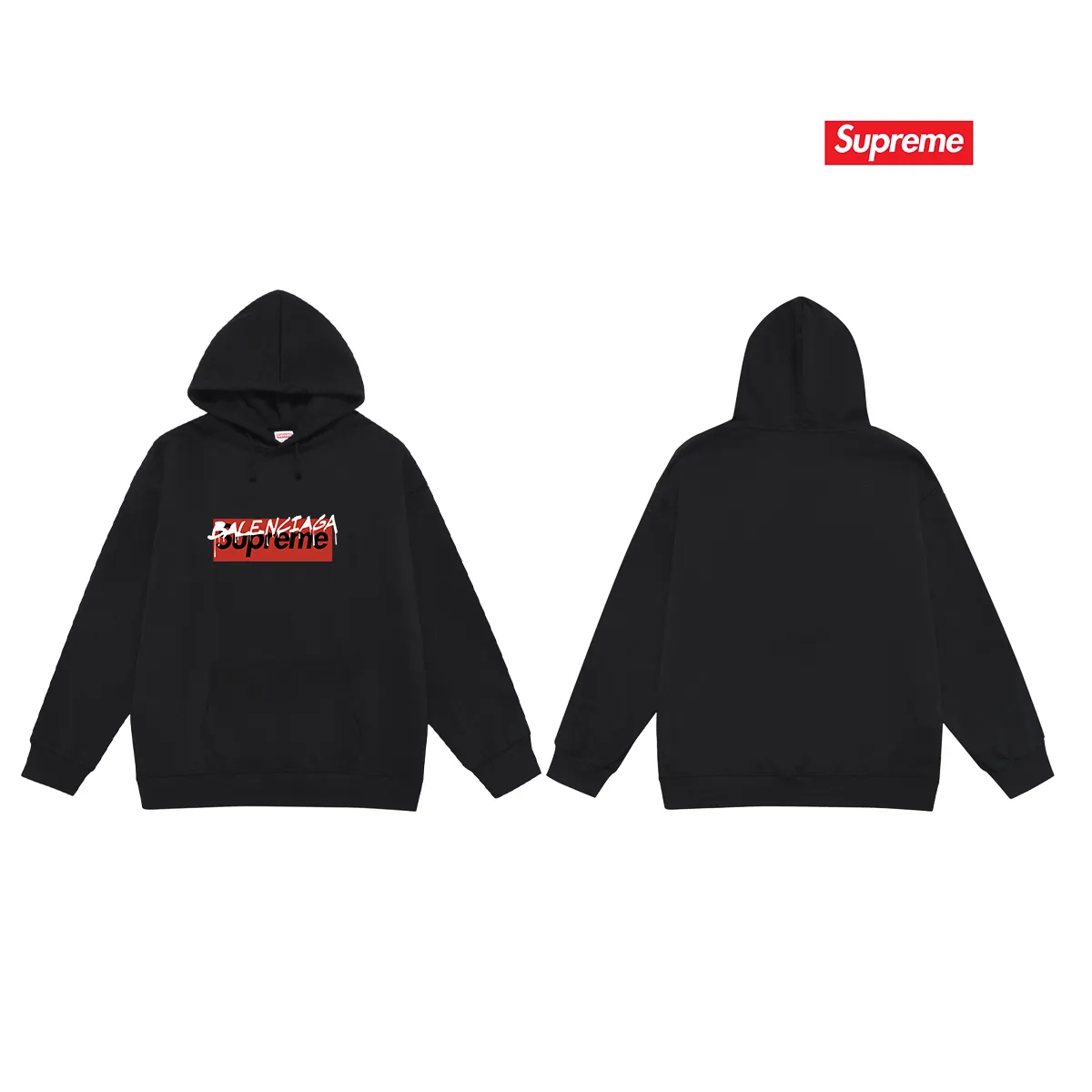 Style No. S2001 #terry P160💰 Velvet P170💰 Balenciaga co-branded supreme printed hooded sweatshirt Made of 400g large terry 430g silver fox velvet (off-shoulder large version) fabric, soft and non-pilling, imported environmentally friendly printing glue, bright and three-dimensional pattern, quality 💥Same style for men and women. The upper body is trendy. Color: black Size: S M L XL XXL