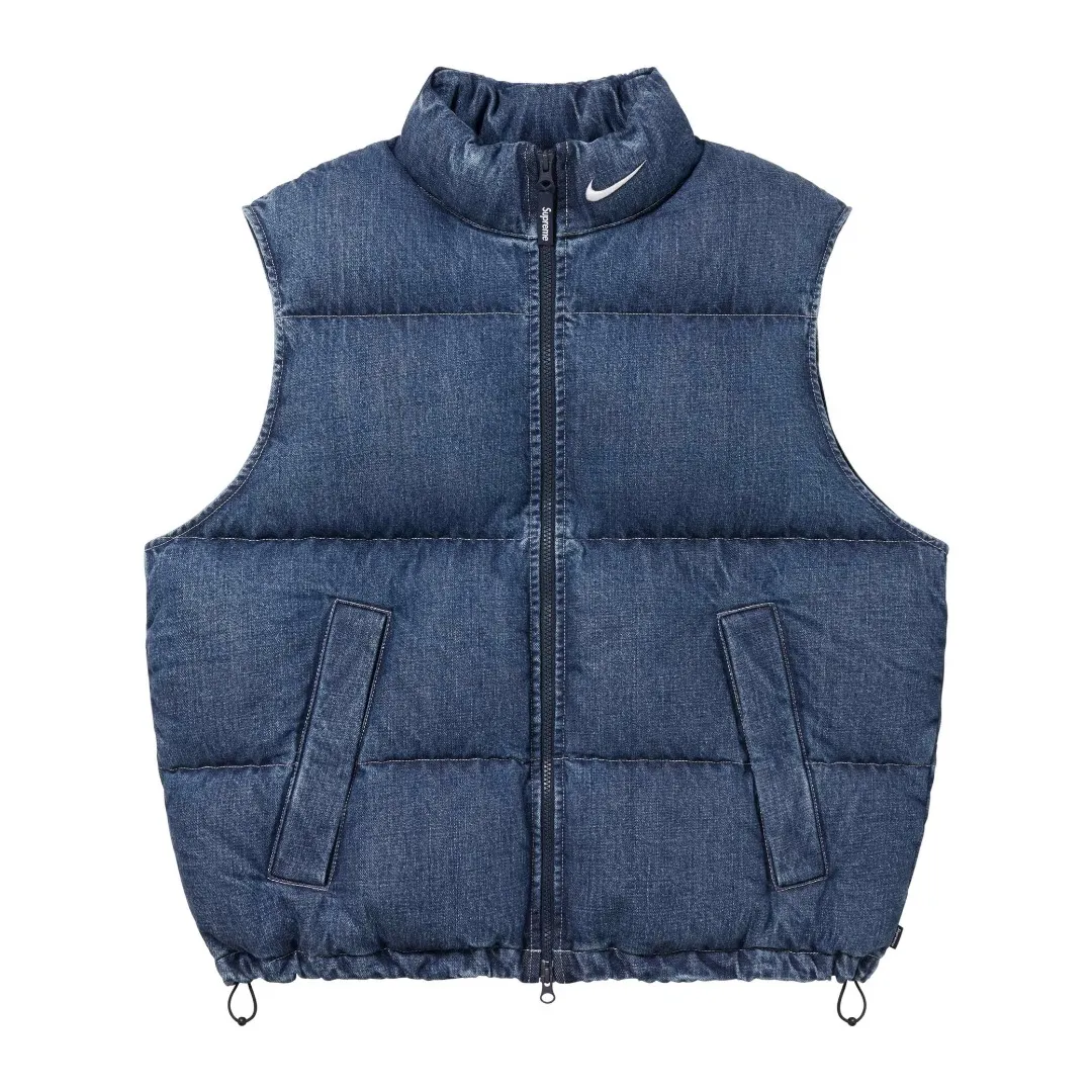 S704💰p566 The top version of Supreme Denim PUFFER VEST Nike co-branded denim vest. The original version has the same denim fabric texture and is windproof. The upper body is full of texture. The hardware accessories are No. 5 + No. 3 YKK zippers, which are consistent with the original version. Color: black blue Size: S~XL