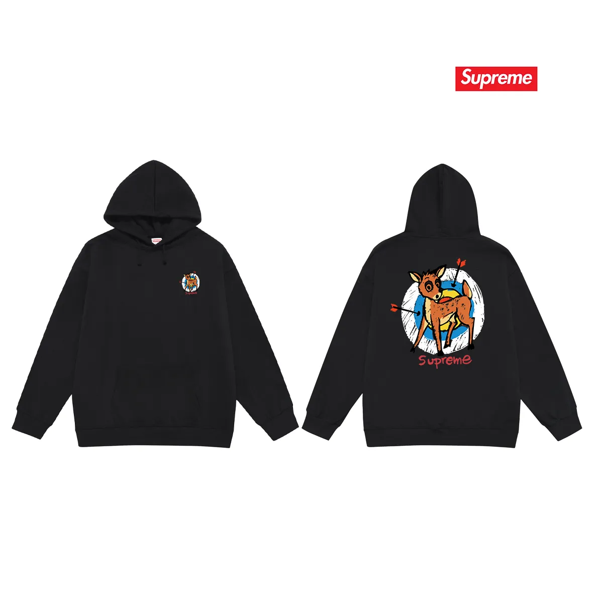 Style number S2052 #terry P160💰 Velvet P170💰 Supreme SS22 Week 1 Deer Tee deer target cartoon pattern printed hooded sweatshirt Made of 400g large terry 430g silver fox velvet (drop shoulder large version) fabric, soft texture and no pilling, imported environmentally friendly printing glue, bright and three-dimensional pattern, quality 💥same style for men and women, the upper body is trendy Color: black white Gray Size: S M L XL XXL