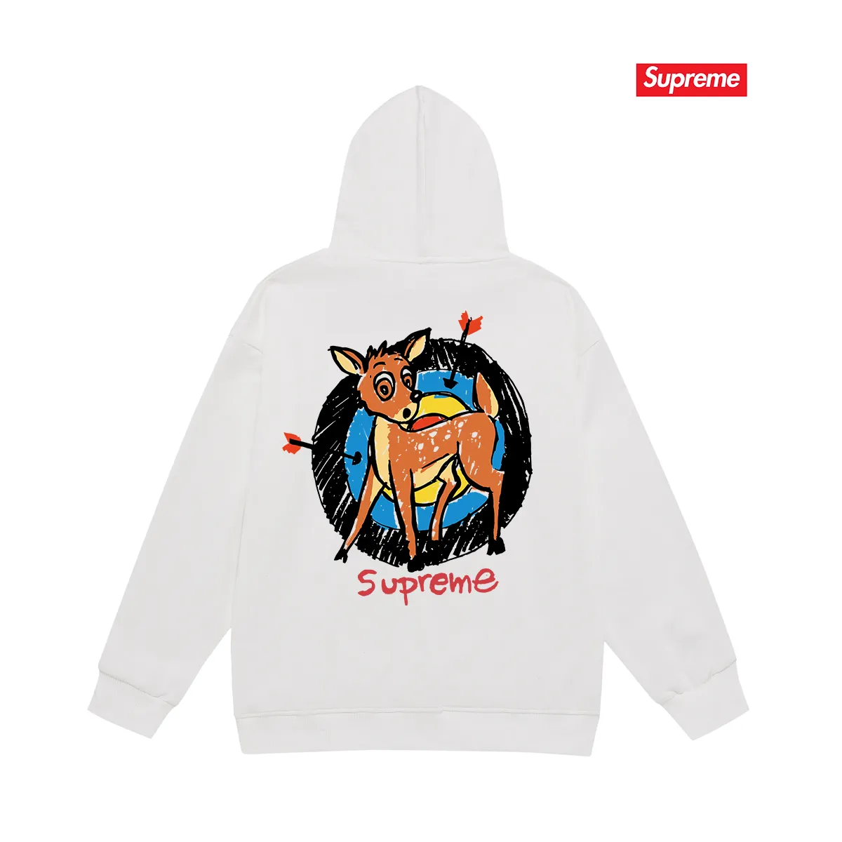 Style number S2052 #terry P160💰 Velvet P170💰 Supreme SS22 Week 1 Deer Tee deer target cartoon pattern printed hooded sweatshirt Made of 400g large terry 430g silver fox velvet (drop shoulder large version) fabric, soft texture and no pilling, imported environmentally friendly printing glue, bright and three-dimensional pattern, quality 💥same style for men and women, the upper body is trendy Color: black white Gray Size: S M L XL XXL