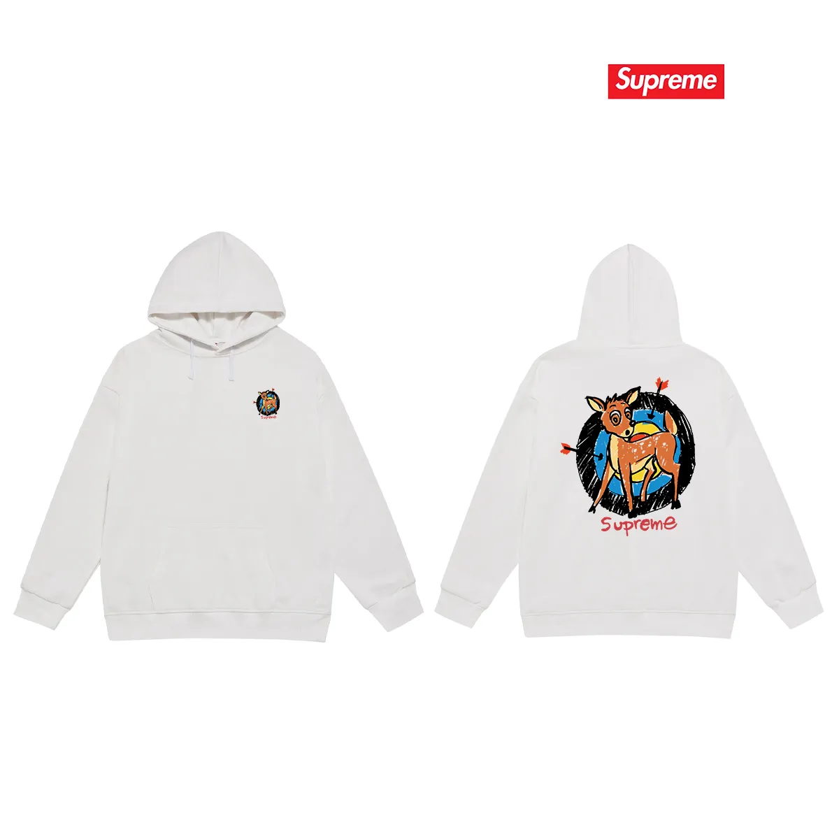 Style number S2052 #terry P160💰 Velvet P170💰 Supreme SS22 Week 1 Deer Tee deer target cartoon pattern printed hooded sweatshirt Made of 400g large terry 430g silver fox velvet (drop shoulder large version) fabric, soft texture and no pilling, imported environmentally friendly printing glue, bright and three-dimensional pattern, quality 💥same style for men and women, the upper body is trendy Color: black white Gray Size: S M L XL XXL