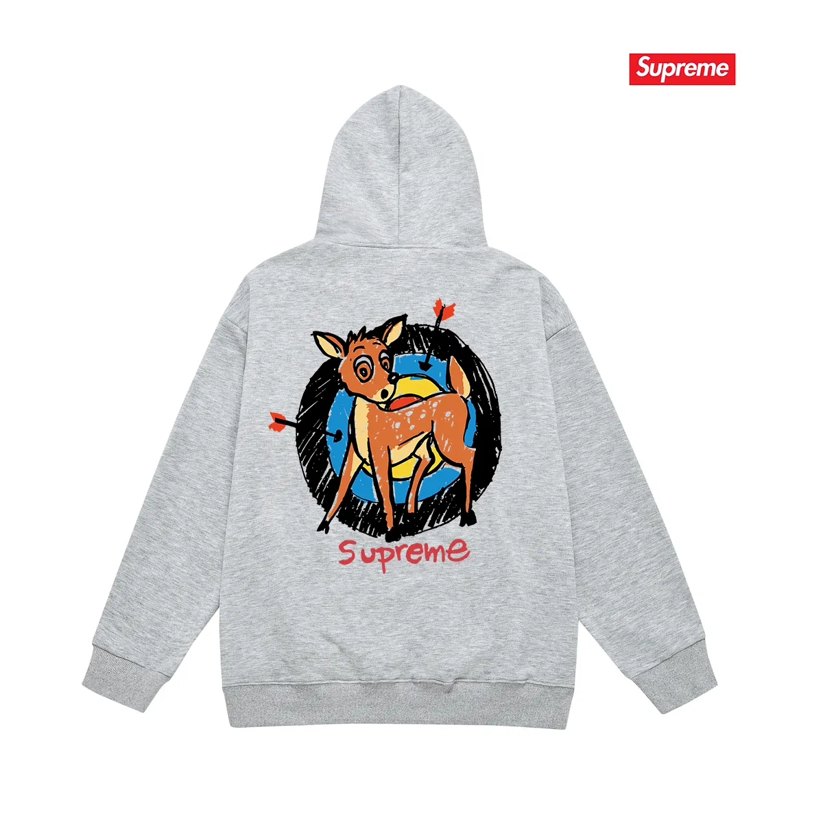 Style number S2052 #terry P160💰 Velvet P170💰 Supreme SS22 Week 1 Deer Tee deer target cartoon pattern printed hooded sweatshirt Made of 400g large terry 430g silver fox velvet (drop shoulder large version) fabric, soft texture and no pilling, imported environmentally friendly printing glue, bright and three-dimensional pattern, quality 💥same style for men and women, the upper body is trendy Color: black white Gray Size: S M L XL XXL
