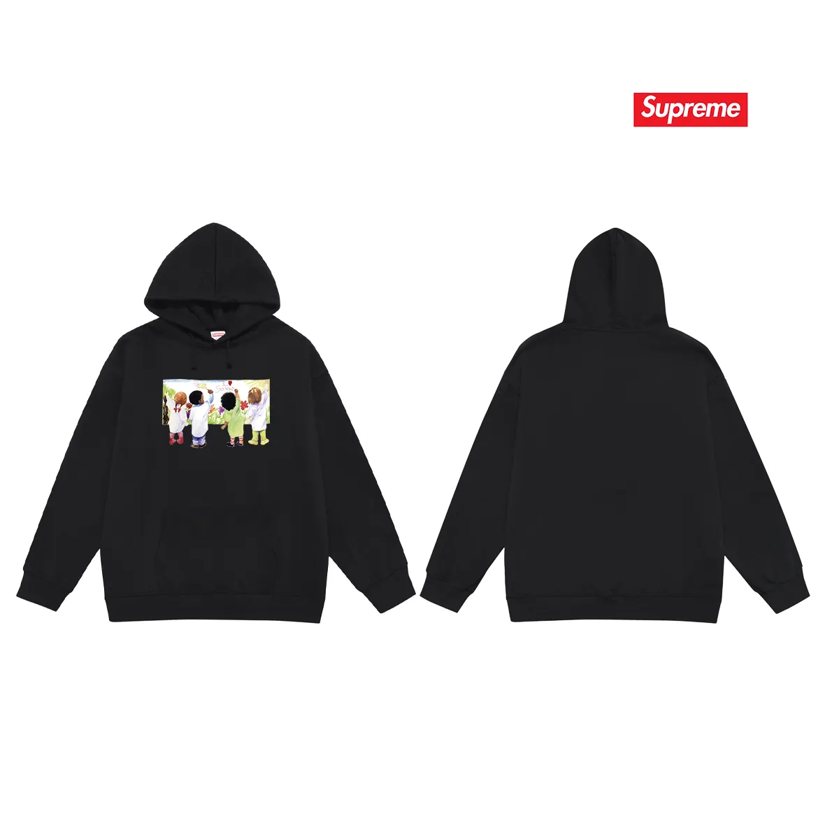 Style No. S2090 #terry P160💰 Velvet P170💰 Supreme SS19 Kids Tee Back children's graffiti hooded sweatshirt Made of 400g large terry 430g silver fox velvet (drop shoulder large version) fabric, soft texture and no pilling Imported environmentally friendly printing glue The pattern is bright and three-dimensional Quality 💥Same style for men and women The upper body is trendy Color: black white gray Size: S M L XL XXL