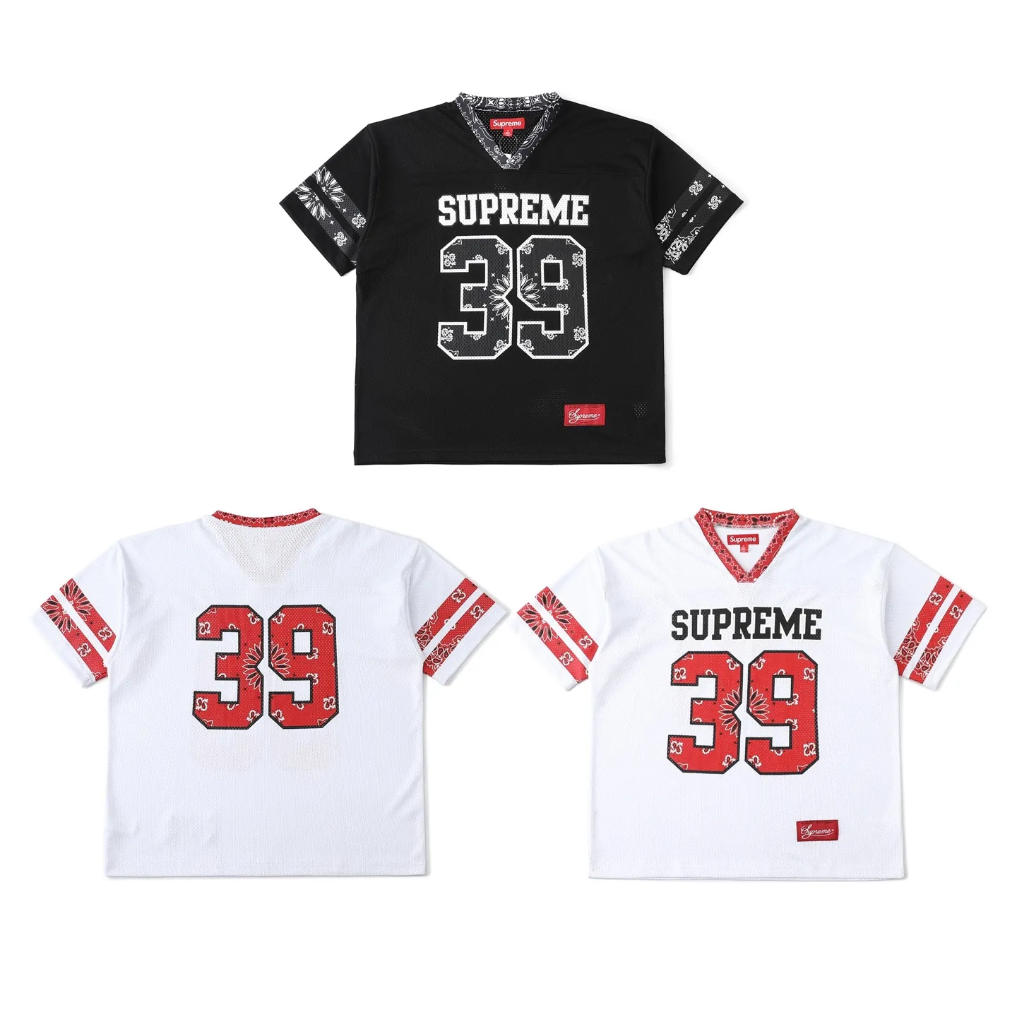 S632💰p220 Supreme SS25 WEEK14 Bandana Football Jersey logo Cashew flower element printed mesh American trendy football jersey, same style for men and women. Customized 250g mesh fabric. Imported glue printing. Multiple debugging. The color is correct. The pigment will not be printed into the mesh. The quality details are consistent with YB. The accessories are fully configured. A must-have for fashionistas. Color: black white (175 145 try on M) Size: S M L XL Bust Length Shoulder Width Sleeve Length S: 120 72 59 23 M: 124 74 60 24 L: 128 76 61 25 XL: 132 78 62 25.5