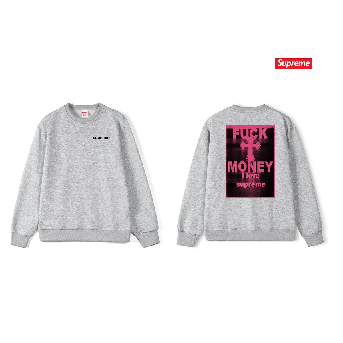 Style No. S1085 #terry p150💰 Velvet 160💰 Supreme FW24 WEEK1 Money Tee Letter cross print on the back round neck sweatshirt Made of 400 grams of large terry (drop shoulder large version) fabric, soft texture and no pilling Imported environmentally friendly printing glue The pattern is bright and three-dimensional Quality 💥Same style for men and women The upper body is trendy Color: black white gray Size: S M L XL XXL
