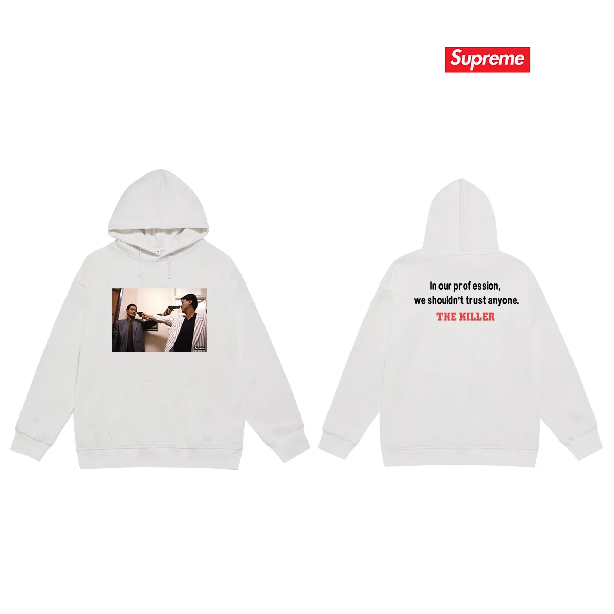 Style No. S2036 #terry P160💰 Velvet P170💰 Supreme FW18 The Killer Trust Tee Red Chow Yun-fat printed hooded sweatshirt Made of 400g large terry 430g silver fox velvet (drop shoulder large version) fabric, soft texture and no pilling Imported environmentally friendly printing glue The pattern is bright and three-dimensional Quality 💥Same style for men and women The upper body is trendy Color: black White Gray Size: S M L XL XXL