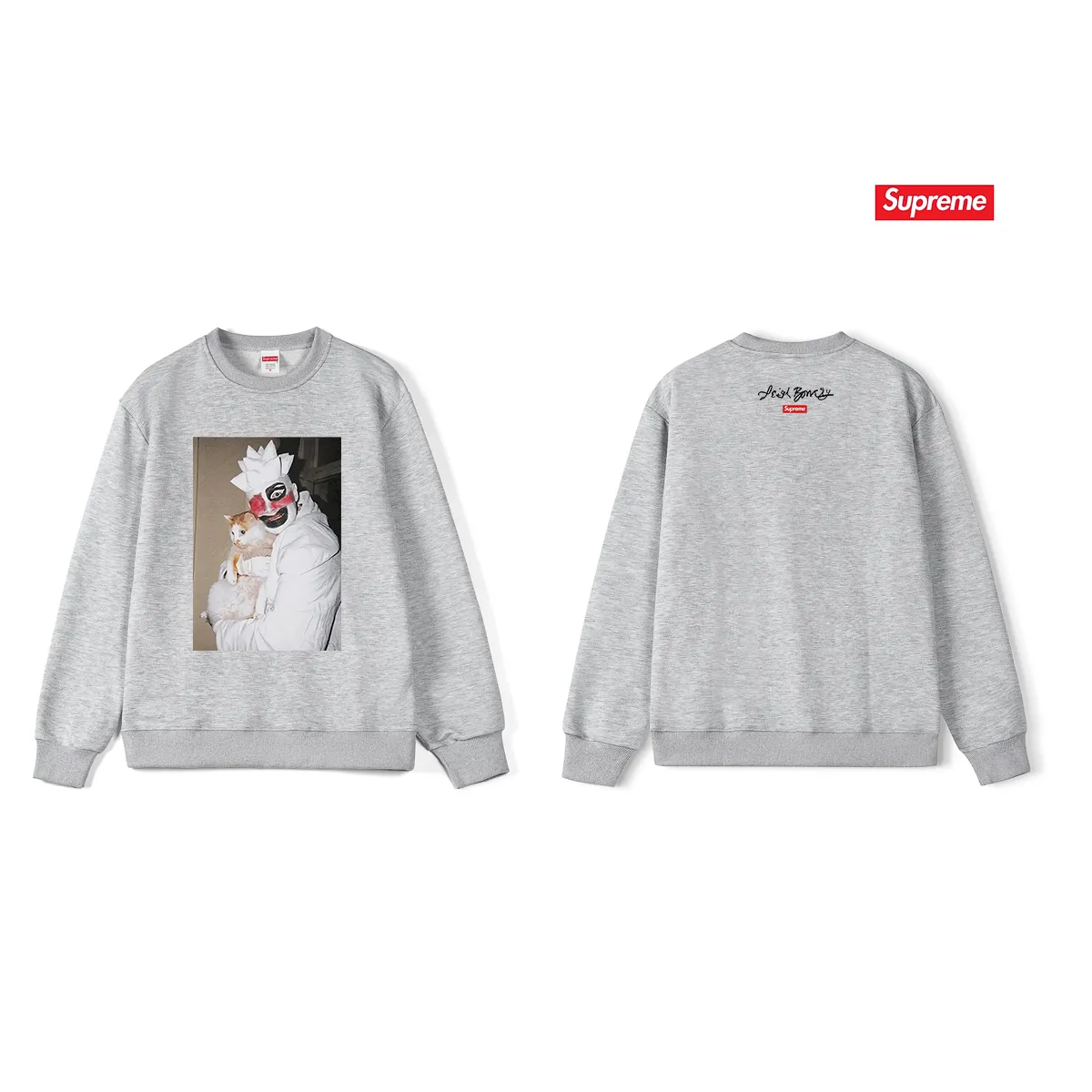 Style No. S1128 #terryp150💰Fleece 160💰Supreme weird artist co-branded clown hugging kitten round neck sweatshirt Made of 400 grams of large terry (drop shoulder large version) fabric, soft texture and no pilling Imported environmentally friendly printing glue The pattern is bright and three-dimensional Quality💥Same style for men and women The upper body is trendy Color: black white gray Size: S M L XL XXL