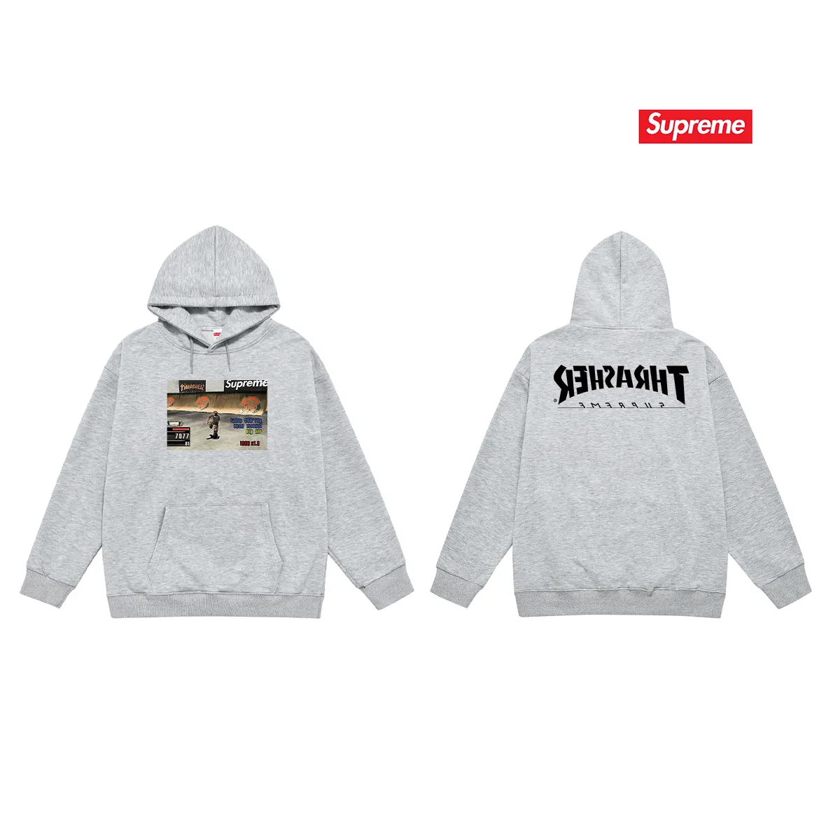 Style No. S2086 #terry P160💰 Velvet P170💰 Supreme Week 5 x Thrasher co-branded Game Tee hooded sweatshirt Made of 400g large terry 430g silver fox velvet (off-shoulder large version) fabric, soft and non-pilling, imported environmentally friendly printing glue, bright and three-dimensional pattern, quality 💥same style for men and women, the upper body is trendy Color: black white gray Size: S M L XL XXL