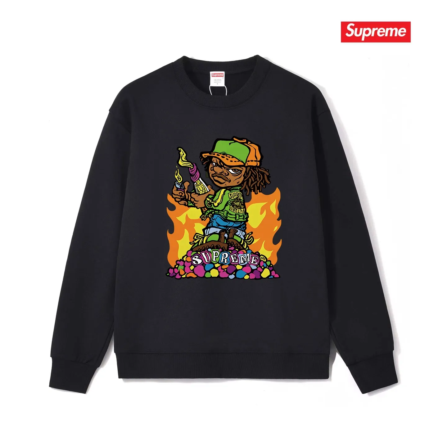 Style No. S1112 #terry p150💰 Velvet 160💰 Supreme SS19 Molotov Kid Tee Black little boy comics round neck sweatshirt Made of 400 grams of large terry (drop shoulder large version) fabric, soft and non-pilling texture, imported environmentally friendly printing glue, bright and three-dimensional pattern, quality 💥unisex style, trendy upper body, color: black, white, gray, size: S M L XL XXL