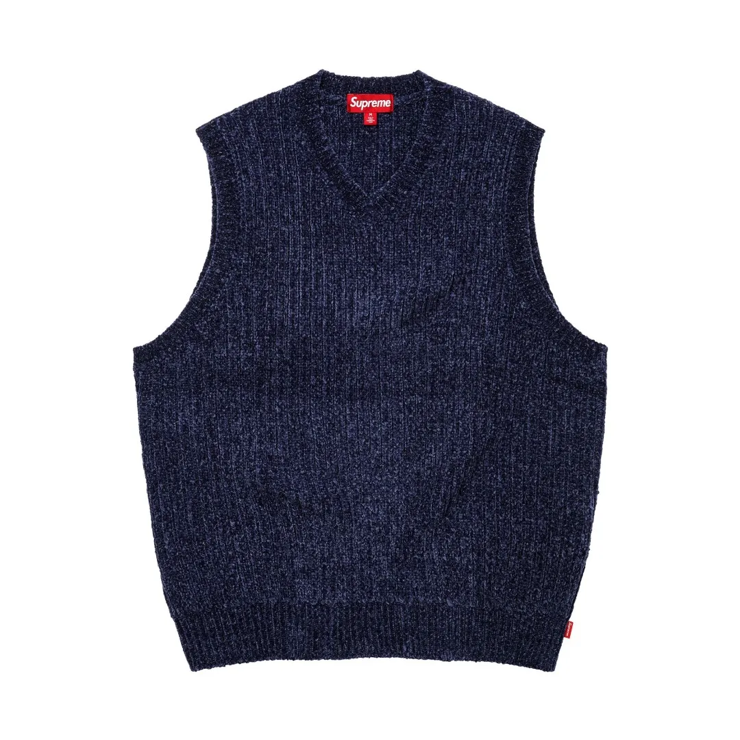 S594💰p260 Top version Supreme 24FW CHENILLE SWEATER VEST Chenille sweater vest OS version Same style for men and women Customized YB texture wash mark Wool: 26 count chenille wool Weaving method: matrix knitting Number of needles: multi-gauge Machine: German STOLL computerized flat knitting machine Size: S~XL Color: black blue