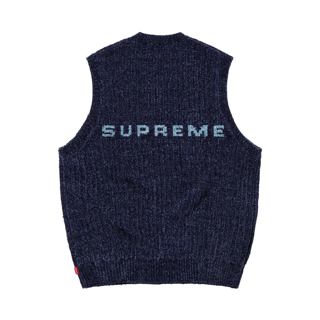 S594💰p260 Top version Supreme 24FW CHENILLE SWEATER VEST Chenille sweater vest OS version Same style for men and women Customized YB texture wash mark Wool: 26 count chenille wool Weaving method: matrix knitting Number of needles: multi-gauge Machine: German STOLL computerized flat knitting machine Size: S~XL Color: black blue