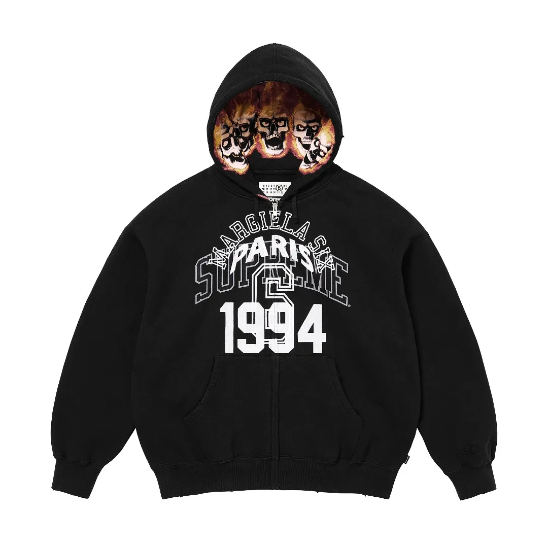 S574💰p520 Top version Supreme 24ss MM6 Margiela joint skull and will-o'-the-wisp zipper hoodie ZP test Custom weaving and dyeing Pure cotton 460G fleece main fabric Garment destruction treatment Printing uses thermoset ink printing, also known as plastic ink, or self-adhesive ink. Its ingredients are: mainly composed of polyvinyl chloride (PVC) and phthalates. PVC and phthalates, color fixing agents, stabilizers, and thickeners are mixed to form thermoset ink. It is not the digital direct printing advertised on the market. The printing texture of thermoset ink is something that cannot be achieved by digital direct printing. Customized ZP co-branding YKK zipper/main label/wash label/tag/packaging bag (equipped with extra-large thickened handbag) There is a probability of passing the inspection version, and the original packaging picture has a high probability of passing Size: S-XL