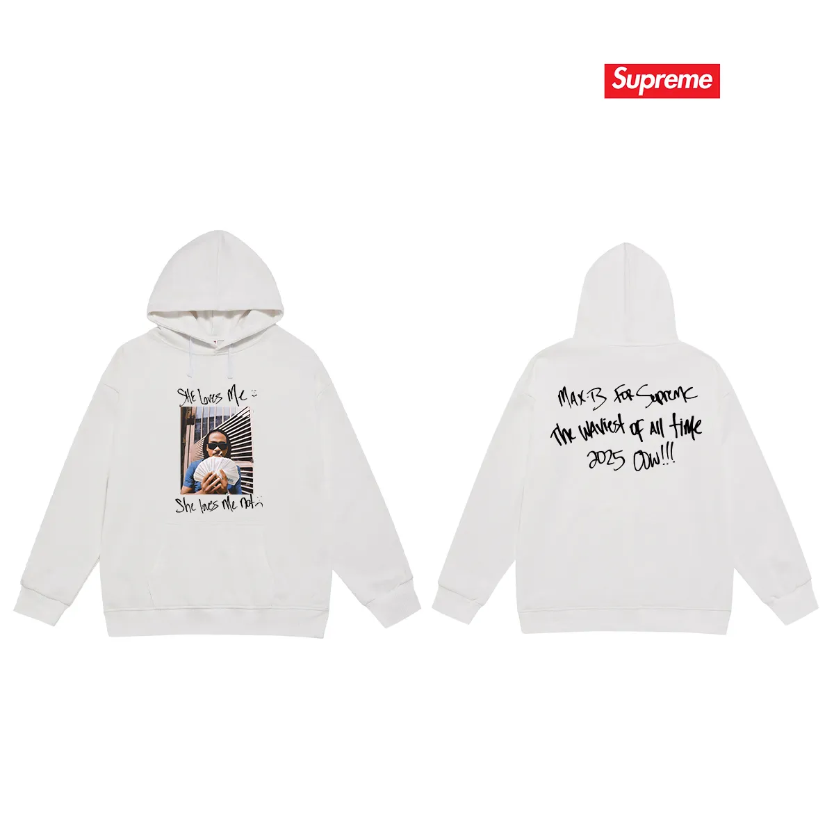 Style No. S2140 #terry P160💰 Velvet P170💰 SS25 Sup She loves me printed hooded sweatshirt. Made of 400g large terry 430g silver fox velvet (drop shoulder large version) fabric. The texture is soft and non-pilling. Imported environmentally friendly printing glue. The pattern is bright and three-dimensional. Quality 💥Same style for men and women. The upper body is trendy. Color: black white gray Size: S M L XL XXL