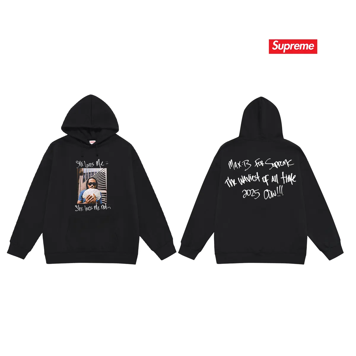 Style No. S2140 #terry P160💰 Velvet P170💰 SS25 Sup She loves me printed hooded sweatshirt. Made of 400g large terry 430g silver fox velvet (drop shoulder large version) fabric. The texture is soft and non-pilling. Imported environmentally friendly printing glue. The pattern is bright and three-dimensional. Quality 💥Same style for men and women. The upper body is trendy. Color: black white gray Size: S M L XL XXL