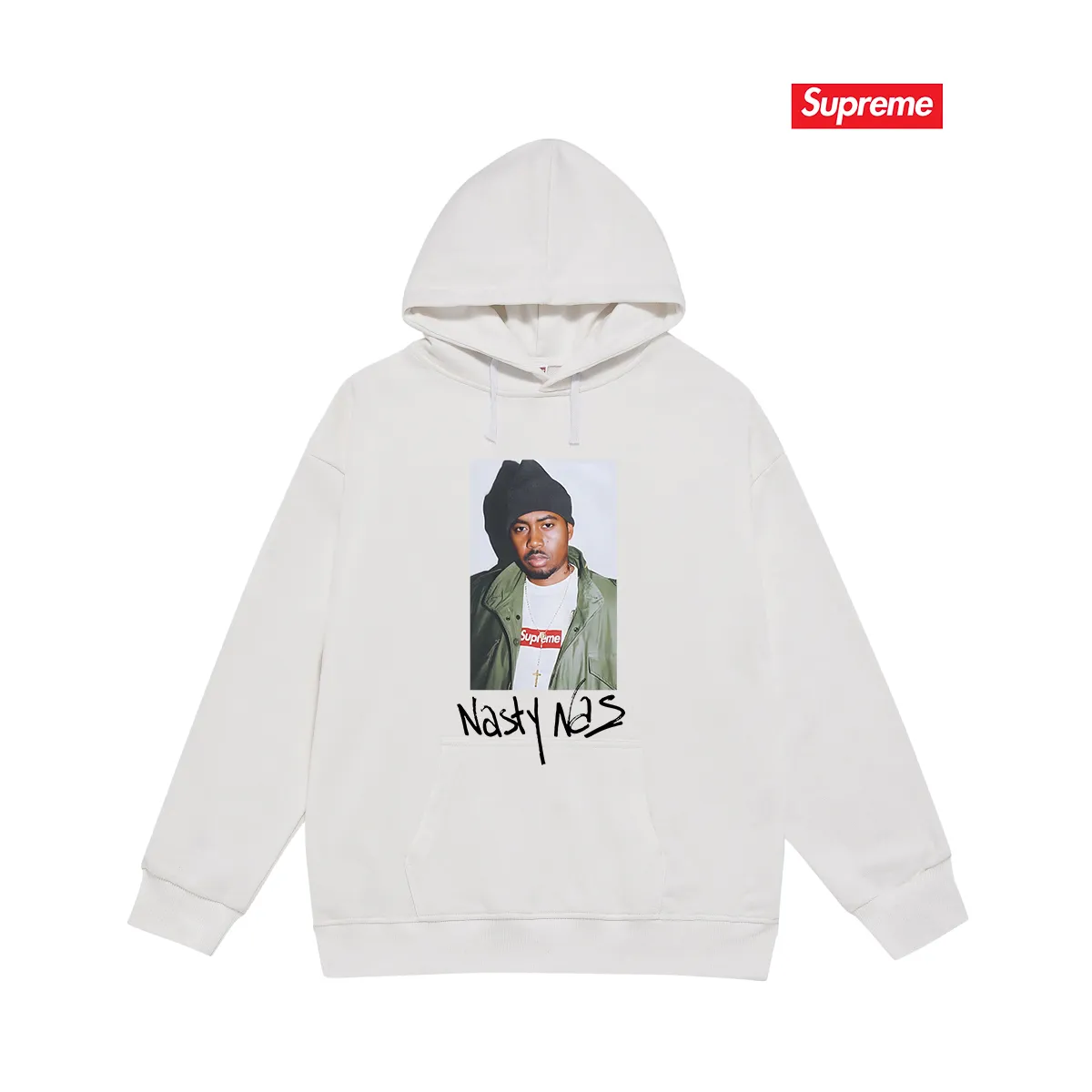 Style No. S2114 #terry P160💰 Velvet P170💰 Supreme FW17 Nas Tee Black rapper pattern unisex hooded sweatshirt Made of 400g large terry 430g silver fox velvet (drop shoulder large version) fabric, soft texture and no pilling Imported environmentally friendly printing glue The pattern is bright and three-dimensional Quality 💥 Unisex style The upper body is trendy Color: black white gray Size: S M L XL XXL