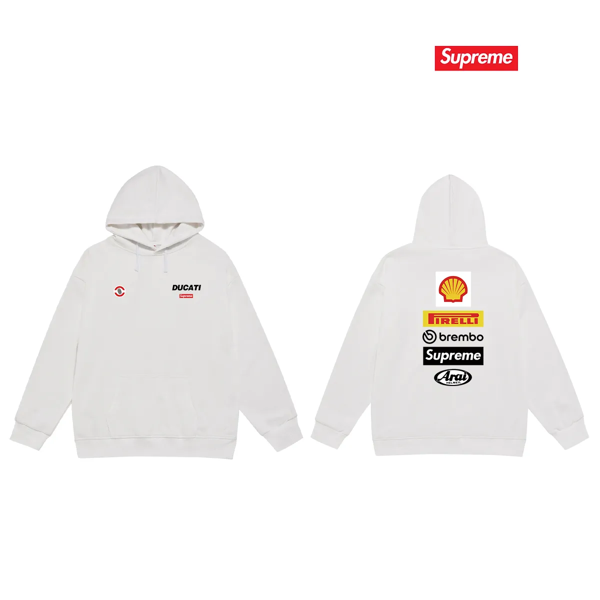 Style number S2082 #terry P160💰 Velvet P170💰 Supreme x DUCATI joint model SS24 WEEK16 LOGO TEE Logo printing on the back Hooded sweatshirt Made of 400g large terry 430g silver fox velvet (off-shoulder large version) fabric Soft texture without pilling Imported environmentally friendly printing glue Bright three-dimensional pattern Quality 💥Same style for men and women The upper body is fashionable Color: black white gray Size: S M L XL XXL