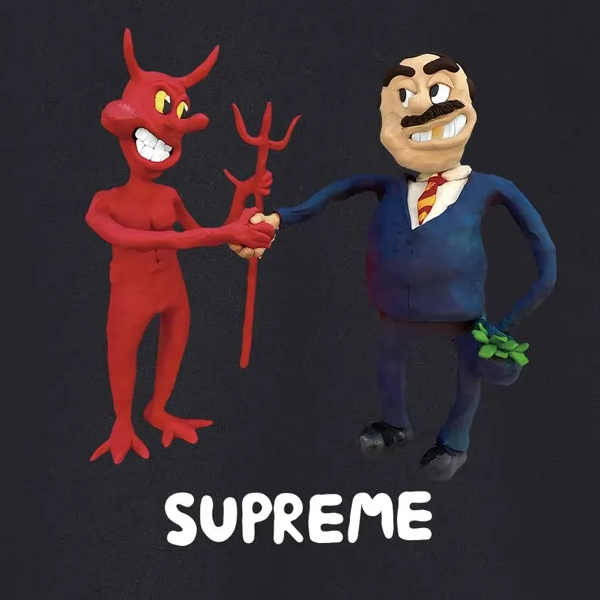Style No. S1110 #terryp150💰 Velvet 160💰 Supreme SS23 Week9 BUSINESS TEE Devil's Contract Printed Round Neck Sweater Made of 400g large terry (drop shoulder large version) fabric, soft texture and no pilling Imported environmentally friendly printing glue The pattern is bright and three-dimensional Quality 💥Same style for men and women The upper body is trendy Color: Black White Gray Size: S M L XL XXL