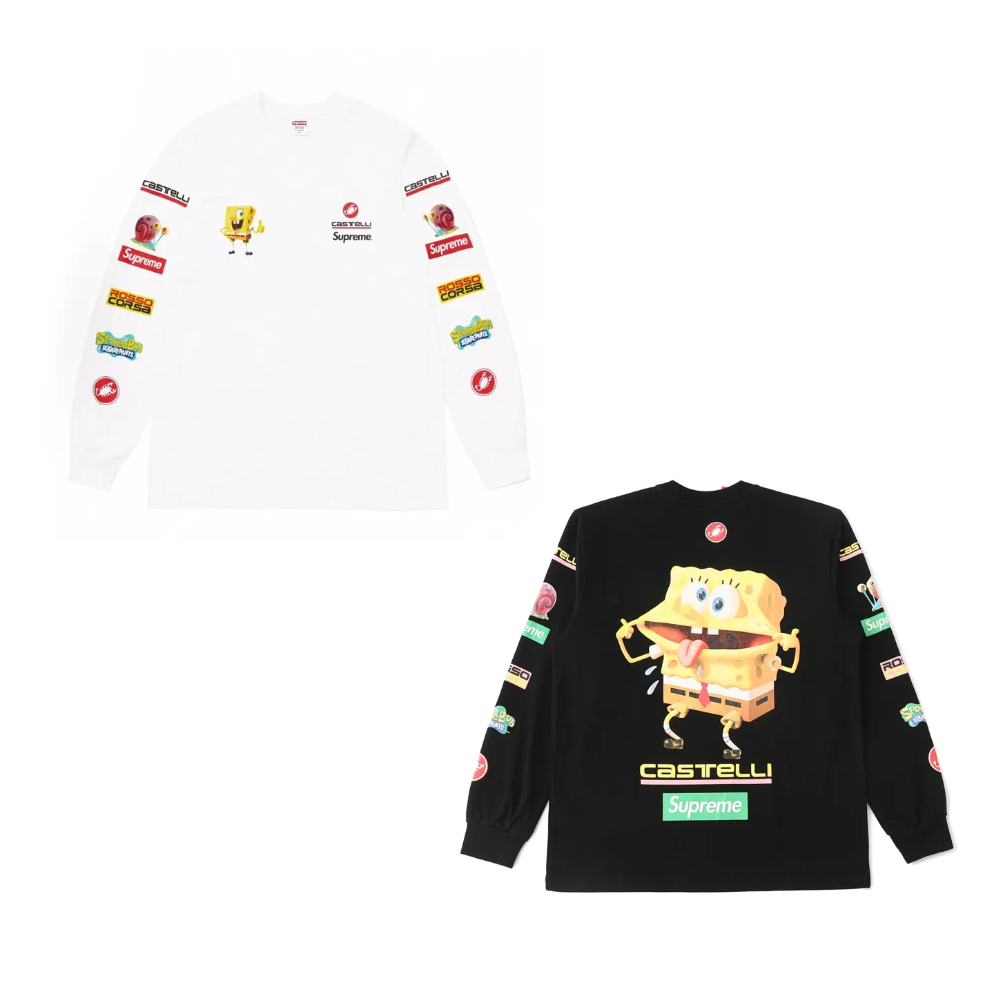 🅿️280 S293 Supreme x SPONGEBOB SQUAREPANTS Spongebob x CASTELLI joint model SS25 WEEK11 Racing L/S Tee Spongebob funny printed pattern round neck long-sleeved T-shirt Unisex 260g pure cotton material Super cute large print Very popular color Color: black white Size: S M L XL (175 140 wear M) Length: 69 71 73 76 Bust: 114 118 122 126 Sleeve length: 62 63 64 65