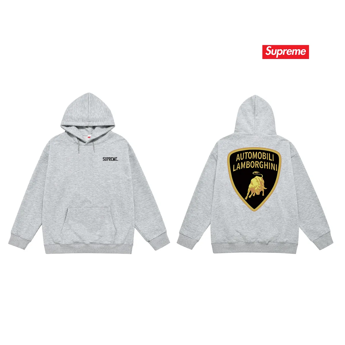 Model No. S2120 #terry P160💰 Velvet P170💰 Supreme Lamborghini co-branded hooded sweatshirt Made of 400g large terry 430g silver fox velvet (drop shoulder large version) fabric, soft texture and no pilling Imported environmentally friendly printing glue The pattern is bright and three-dimensional Quality 💥Same style for men and women The upper body is trendy Color: black white gray Size: S M L XL XXL