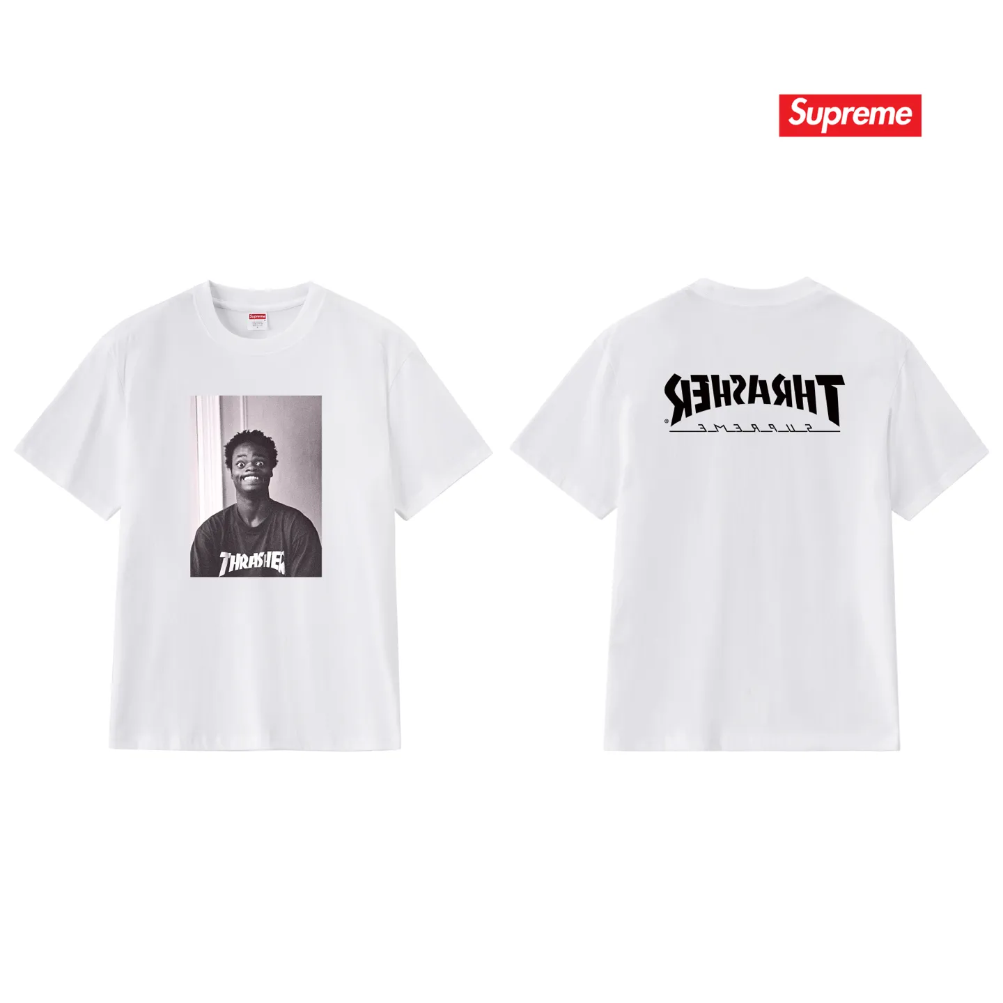S262 P110💰 Supreme THRASHER co-branded comfortable T-shirt with character pattern printing, same style for men and women, loose fit, made of 260g combed cotton double yarn, all three standards from fabrics to accessories, ZP, imported Matsui company slurry printing will not crack, the whole piece adopts three-needle five-thread process. The neckline-shoulder seam-sleeve seam is double-lined, looks more three-dimensional and textured) and the original version has the same craftsmanship, classic version Feel free to compare zp. The whole piece adopts three-needle five-thread craftsmanship (neckline-shoulder seam-sleeve seam double thread, which looks more three-dimensional and textured). It has the same craftsmanship as the original original, classic version. Color: black, white, light gray, pink, navy. Size: S M L XL XXL