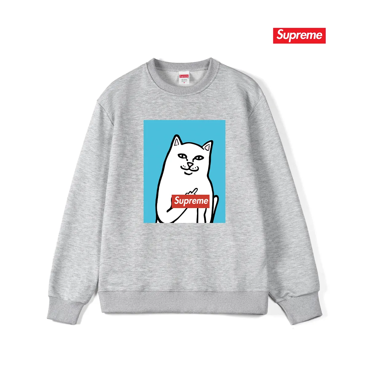 Style No. S1232 #terry p150💰 plus fleece 160💰 Sup spoof the little mean cat middle finger trendy brand round neck sweatshirt. Made of 400 grams of large terry (drop shoulder large version) fabric. The texture is soft and non-pilling. Imported environmentally friendly printing glue. The pattern is bright and three-dimensional. The quality is 💥same for men and women. The upper body is trendy. Color: black white gray Size: S M L XL XXL