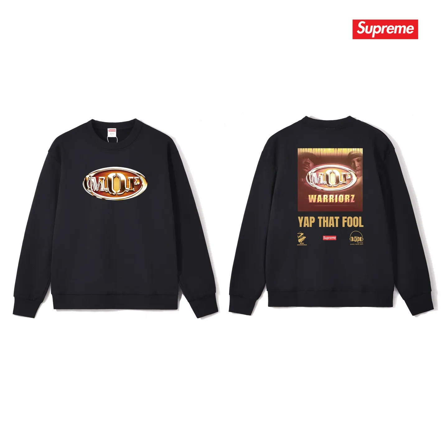 Style No. S1231 #terry p150💰 Velvet 160💰 Supreme 24FW MOP Hooded rap group co-branded round-neck sweatshirt Made of 400 grams of large terry (drop shoulder large version) fabric, soft and non-pilling texture, imported environmentally friendly printing glue, bright and three-dimensional pattern, quality 💥unisex style, trendy upper body, color: black, white, gray, size: S M L XL XXL