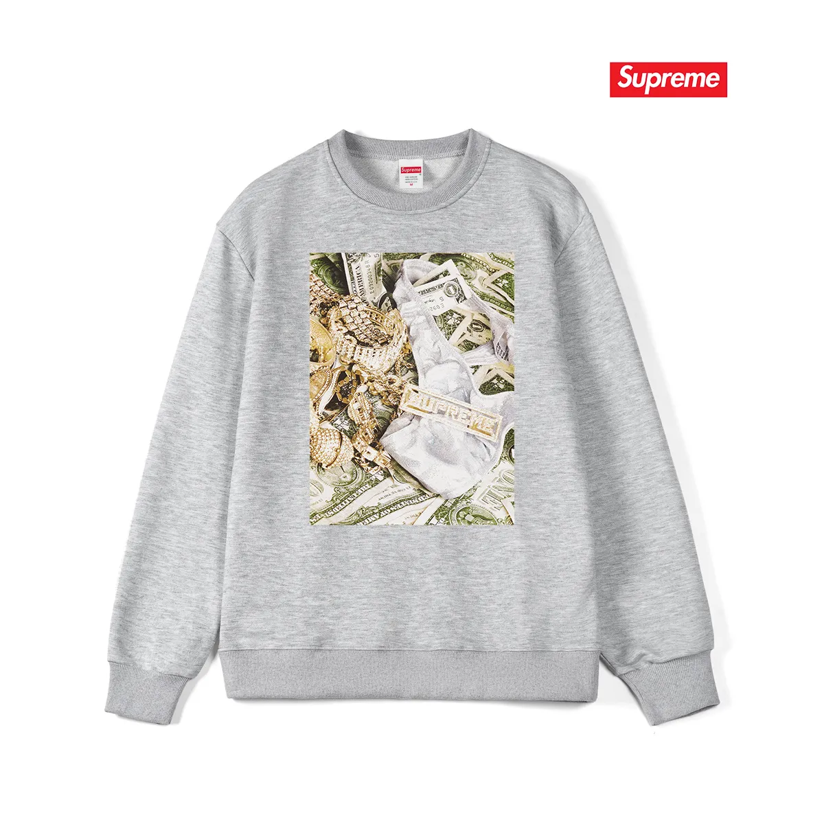Style No. S1042 #terry p150💰 Velvet 160💰 Supreme SS20 Week 1 Bling Tee dollar printed round neck sweatshirt Made of 400g large terry (drop shoulder large version) fabric, soft texture and no pilling Imported environmentally friendly printing glue The pattern is bright and three-dimensional Quality💥Same style for men and women The upper body is trendy Color: black white gray Size: S M L XL XXL
