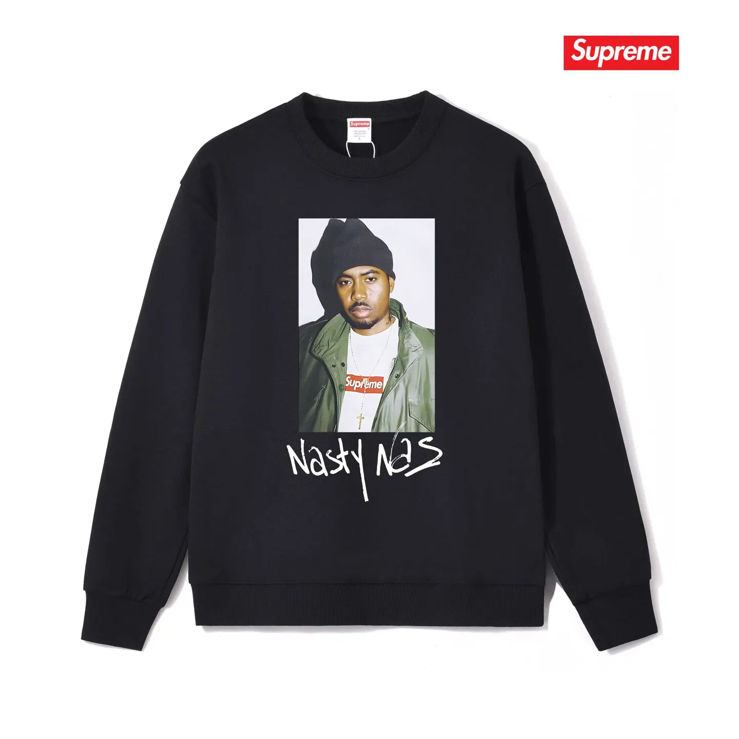 Style No. S1114 #terry p150💰 Velvet 160💰 Supreme FW17 Nas Tee Black rapper pattern unisex round neck sweatshirt Made of 400g large terry (drop shoulder large version) fabric, soft texture and no pilling Imported environmentally friendly printing glue The pattern is bright and three-dimensional Quality 💥 unisex style The upper body is trendy Color: black white gray Size: S M L XL XXL