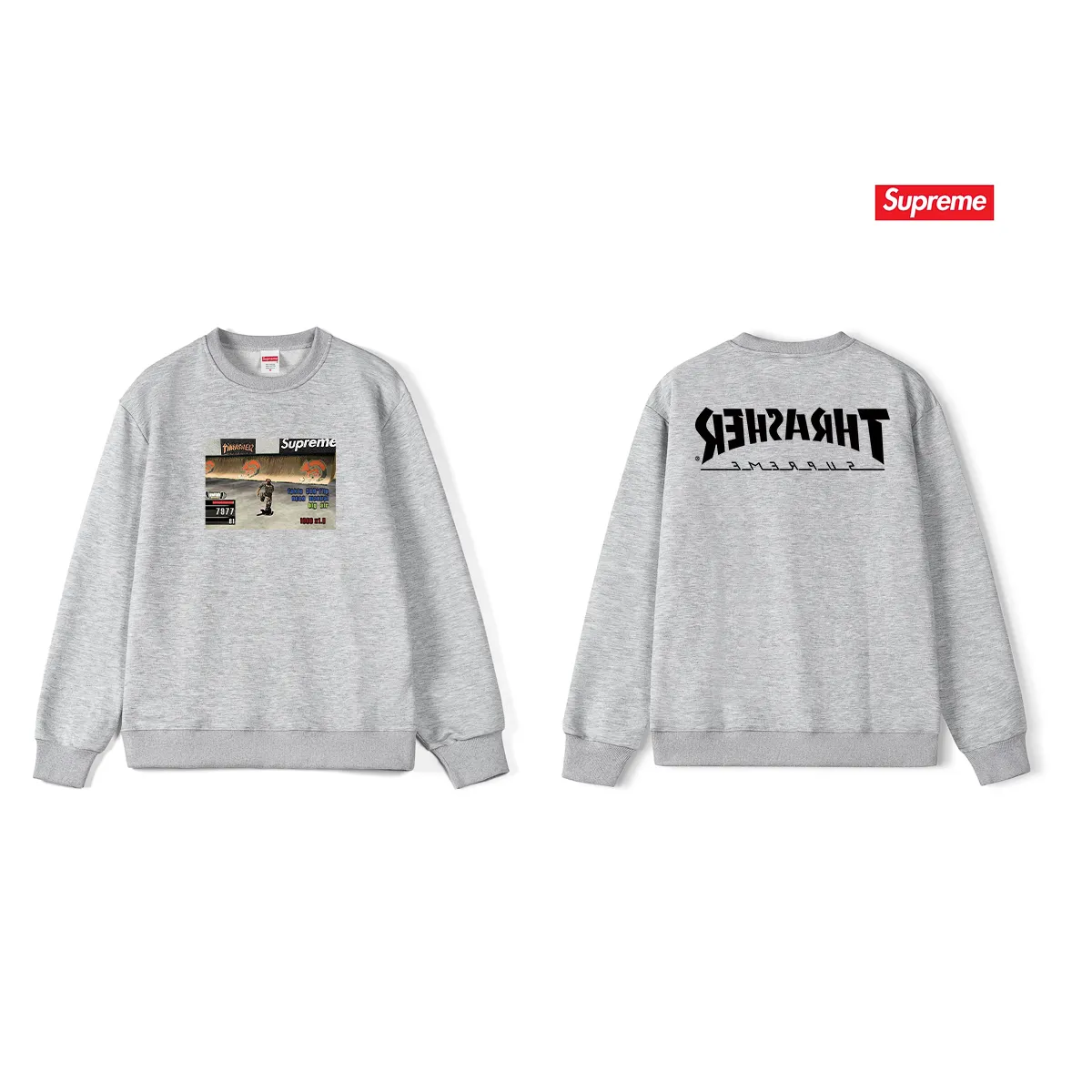 Style No. S1086 #terry p150💰 Velvet 160💰 Supreme Week 5 x Thrasher co-branded Game Tee round-neck sweatshirt Made of 400g large terry (drop shoulder large version) fabric, soft texture and no pilling Imported environmentally friendly printing glue The pattern is bright and three-dimensional Quality💥Same style for men and women The upper body is trendy Color: black white gray Size: S M L XL XXL