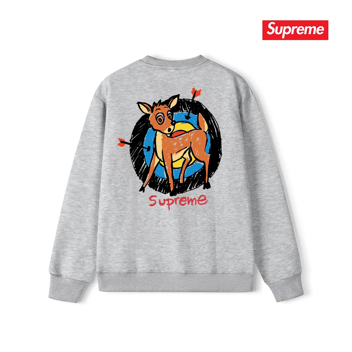 Style No. S1052 #terry p150💰 Velvet 160💰 Supreme SS22 Week 1 Deer Tee deer target cartoon pattern printed round neck sweatshirt Made of 400 grams of large terry (drop shoulder large version) fabric, soft texture and no pilling Imported environmentally friendly printing glue The pattern is bright and three-dimensional Quality💥Same style for men and women The upper body is fashionable Color: black white gray Size: S M L XL XXL
