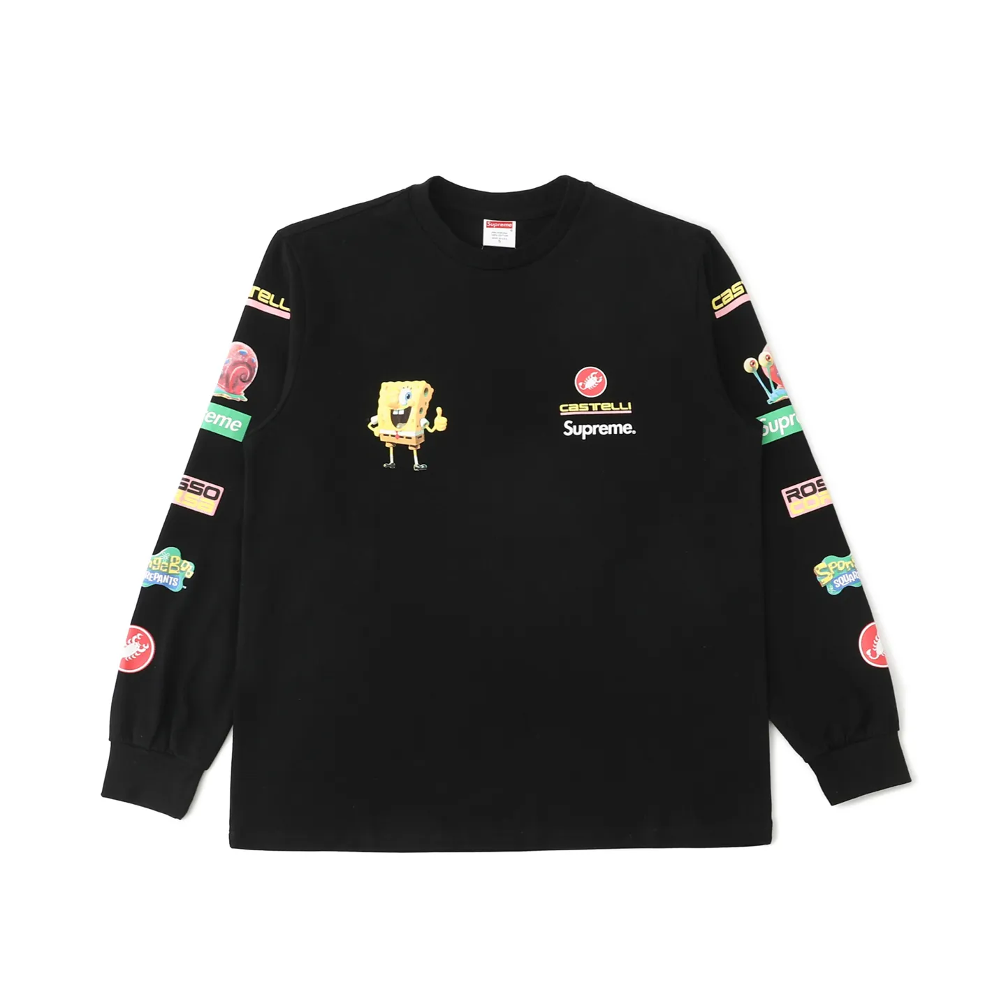 S626💰p270 Supreme x SPONGEBOB SQUAREPANTS Spongebob x CASTELLI joint model SS25 WEEK11 Racing L/S Tee SpongeBob SquarePants funny printed pattern round neck long-sleeved T-shirt Unisex 260g pure cotton material Super cute large print Very popular appearance Color: Black White Size: S M L XL (175 140 wear M) Length: 69 71 73 76 Bust: 114 118 122 126 Sleeve length: 62 63 64 65