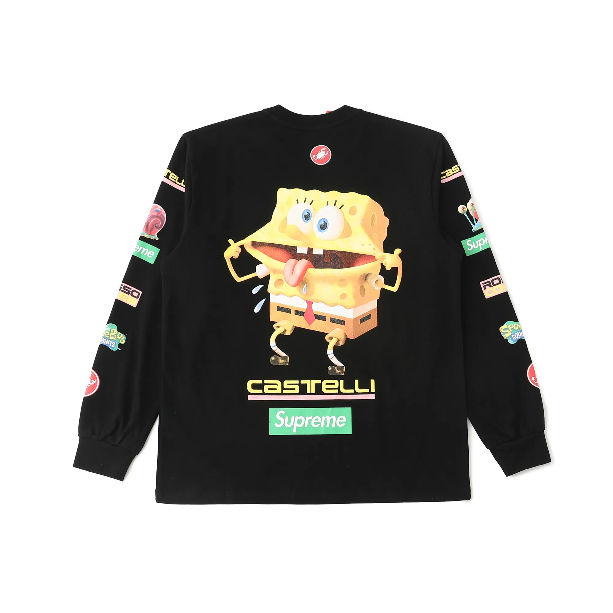 S626💰p270 Supreme x SPONGEBOB SQUAREPANTS Spongebob x CASTELLI joint model SS25 WEEK11 Racing L/S Tee SpongeBob SquarePants funny printed pattern round neck long-sleeved T-shirt Unisex 260g pure cotton material Super cute large print Very popular appearance Color: Black White Size: S M L XL (175 140 wear M) Length: 69 71 73 76 Bust: 114 118 122 126 Sleeve length: 62 63 64 65