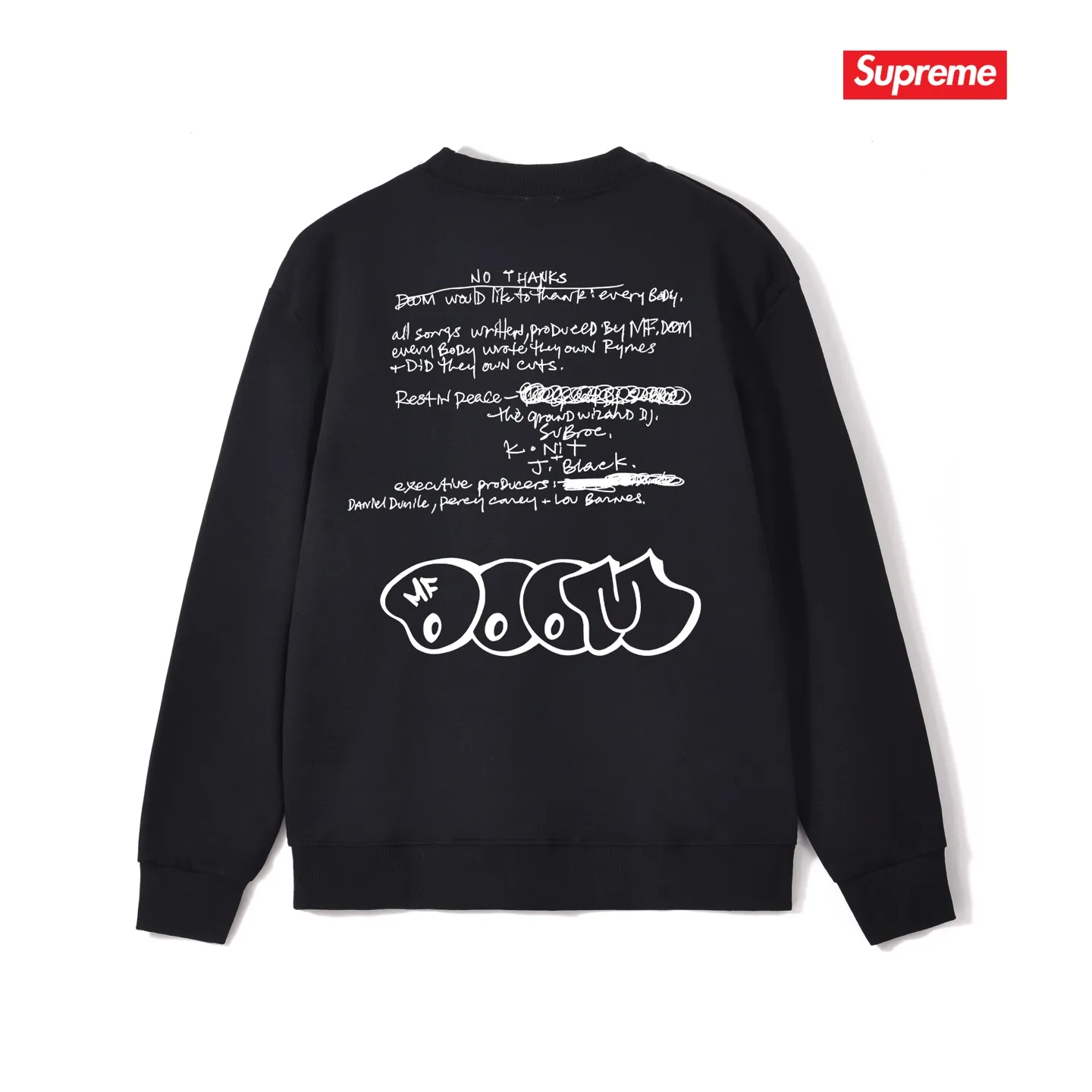 Style No. S1207 #terry p150💰 Plush 160💰 SupxMFDOOM FW23 round neck sweatshirt with handwritten letters printed on the back of the mask. Made of 400 grams of large terry (drop shoulder large version) fabric. The texture is soft and non-pilling. Imported environmentally friendly printing glue. The pattern is bright and three-dimensional. Quality💥Same style for men and women. The upper body is trendy. Color: black white gray Size: S M L XL XXL