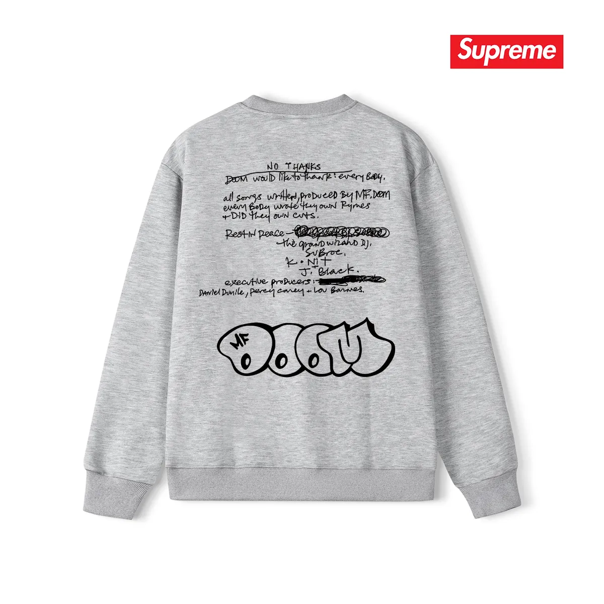 Style No. S1207 #terry p150💰 Plush 160💰 SupxMFDOOM FW23 round neck sweatshirt with handwritten letters printed on the back of the mask. Made of 400 grams of large terry (drop shoulder large version) fabric. The texture is soft and non-pilling. Imported environmentally friendly printing glue. The pattern is bright and three-dimensional. Quality💥Same style for men and women. The upper body is trendy. Color: black white gray Size: S M L XL XXL